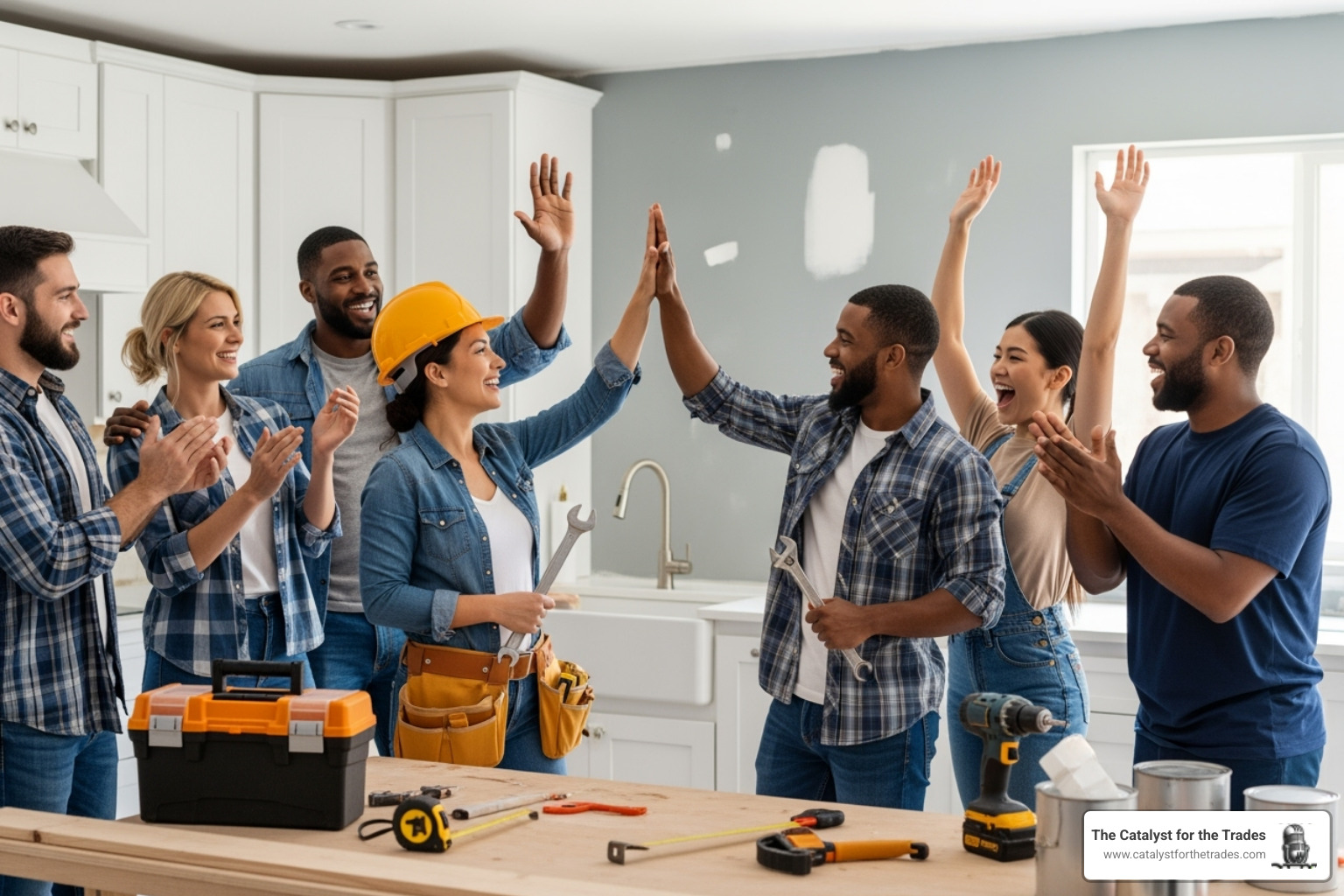 happy team of tradespeople celebrating a successful project - change management happy team of tradespeople celebrating a successful project - change management