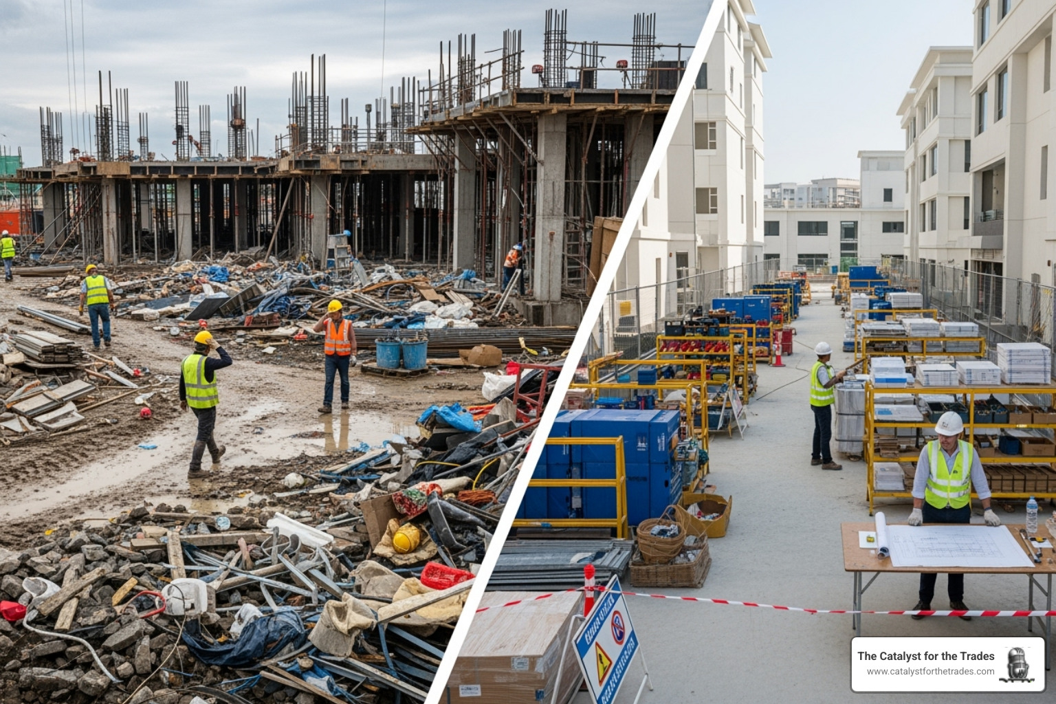 comparing a chaotic, messy worksite with a clean, organized one - change management comparing a chaotic, messy worksite with a clean, organized one - change management