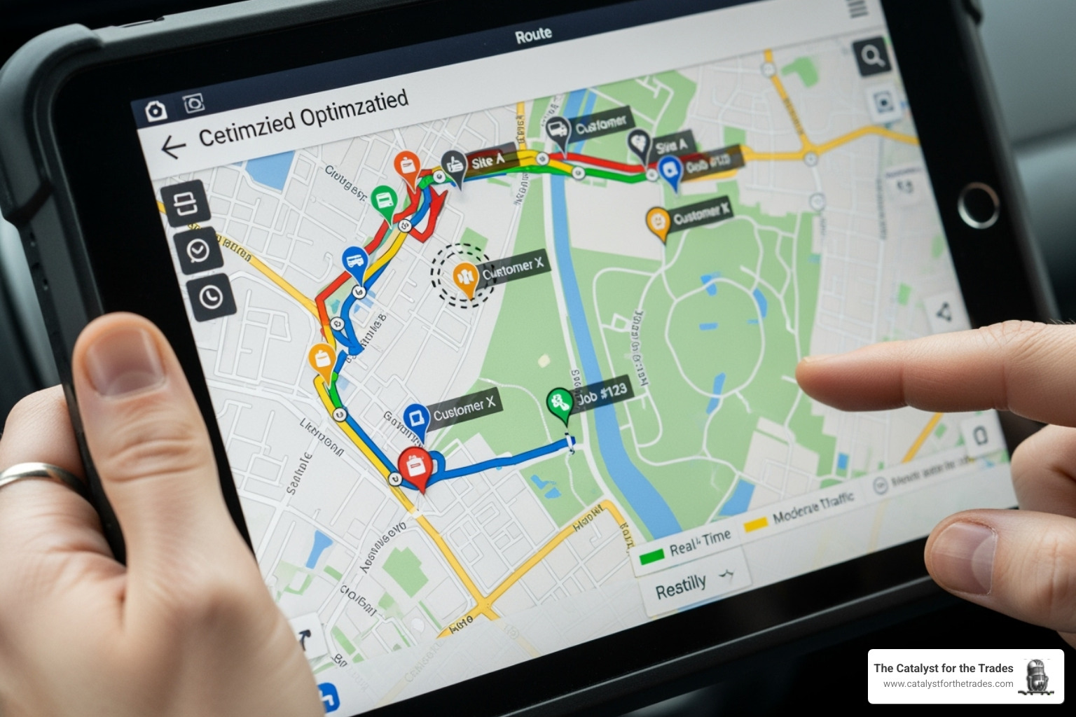 A tablet displaying an optimized route for a service technician, highlighting traffic conditions and job sites - ai business intelligence A tablet displaying an optimized route for a service technician, highlighting traffic conditions and job sites - ai business intelligence