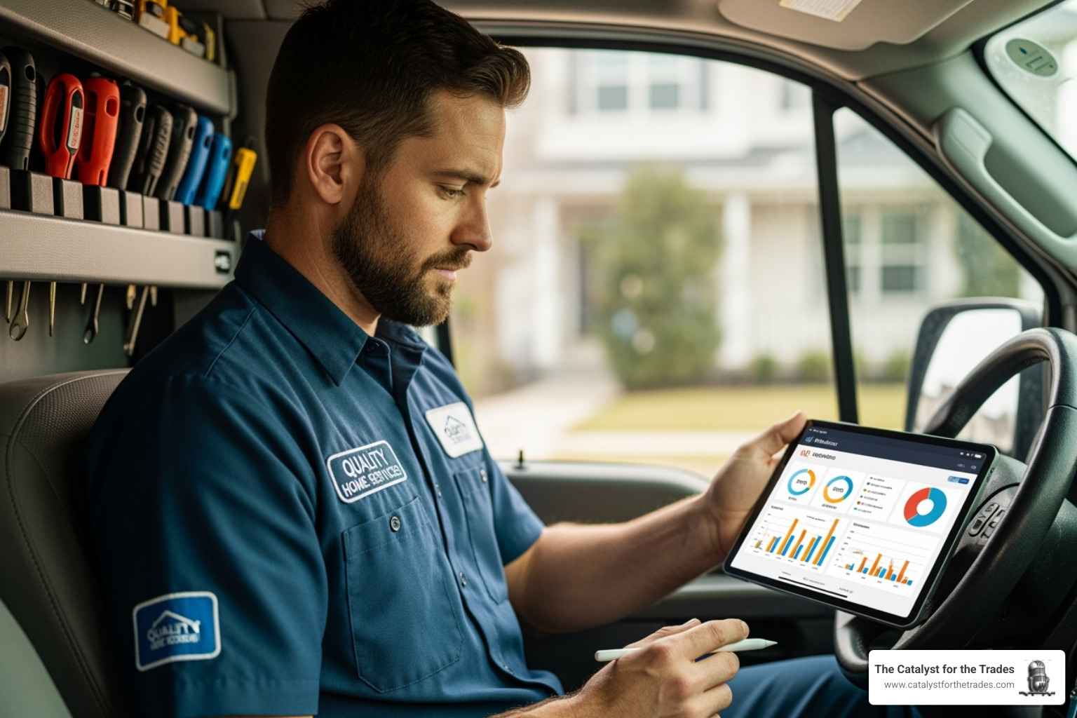 Image of a home service business owner reviewing metrics on a tablet - Home Service Podcast Image of a home service business owner reviewing metrics on a tablet - Home Service Podcast