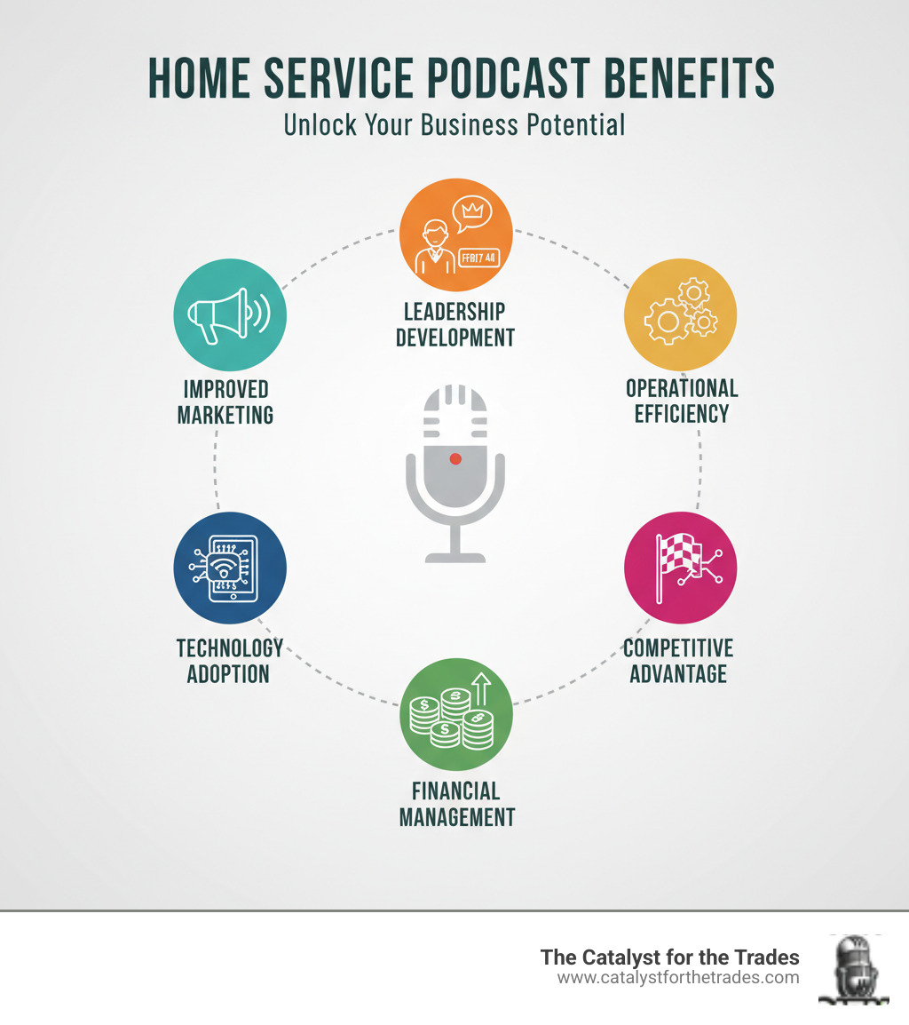 Infographic showing the key benefits of home service podcasts including improved marketing strategies, leadership development, operational efficiency, financial management, technology adoption, and competitive advantage for trade professionals - Home Service Podcast infographic Infographic showing the key benefits of home service podcasts including improved marketing strategies, leadership development, operational efficiency, financial management, technology adoption, and competitive advantage for trade professionals - Home Service Podcast infographic