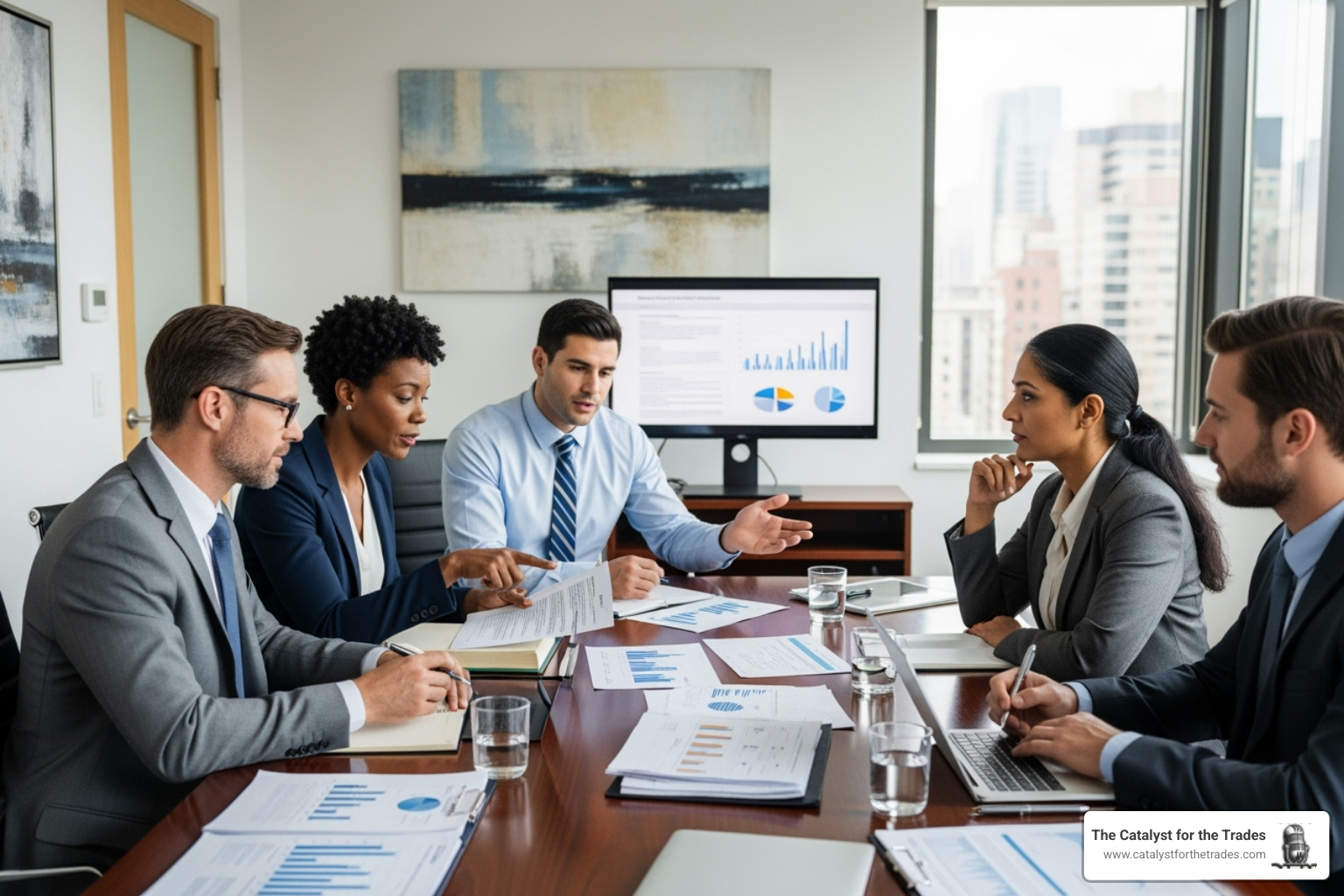 Diverse team of advisors (accountant, lawyer, financial planner) around a table with a business owner - business transition planning Diverse team of advisors (accountant, lawyer, financial planner) around a table with a business owner - business transition planning