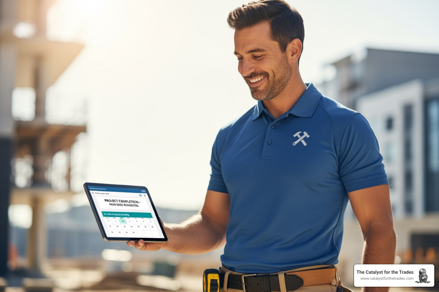 contractor smiling looking at tablet booked job - aeo optimization contractor smiling looking at tablet booked job - aeo optimization