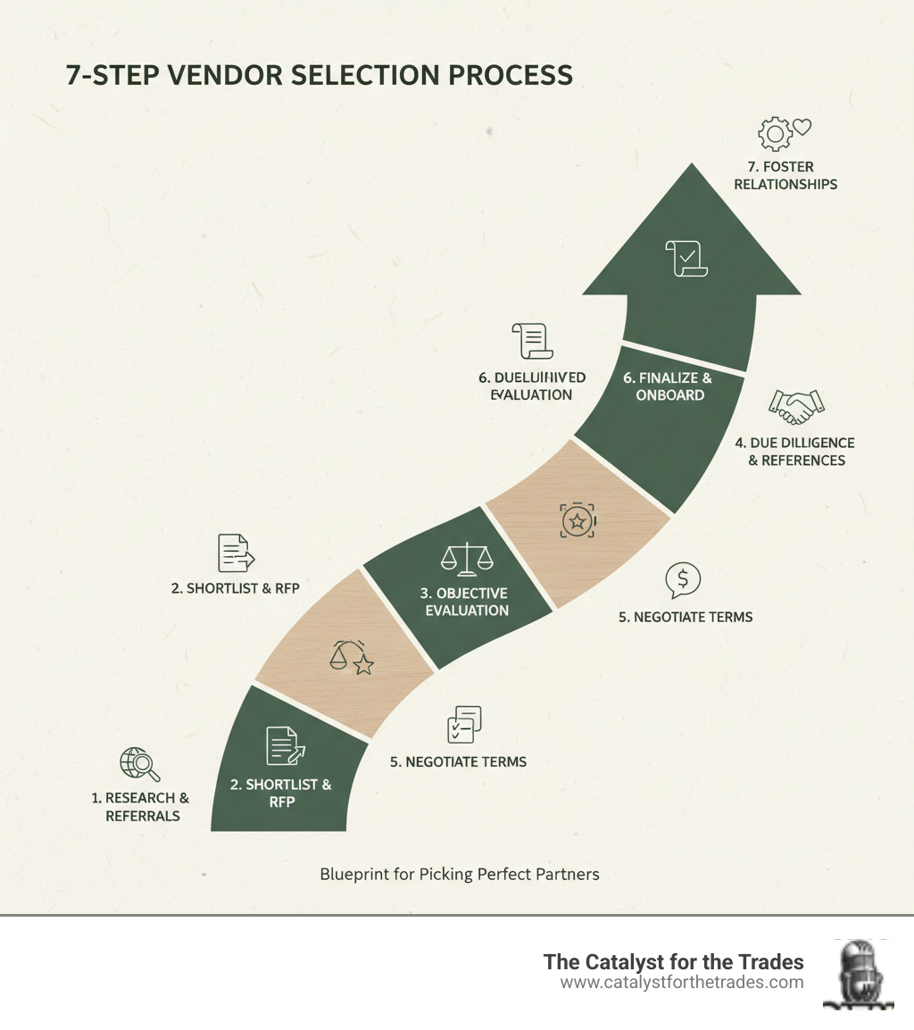Infographic showing the 7-step vendor selection process: 1. Research potential vendors through directories and referrals, 2. Create shortlist and issue RFP/RFQ with clear requirements, 3. Evaluate objectively using weighted scorecards, 4. Conduct due diligence and check references, 5. Negotiate contract terms and pricing, 6. Finalize contracts and onboard vendors, 7. Foster ongoing collaborative relationships - choosing right vendors infographic 