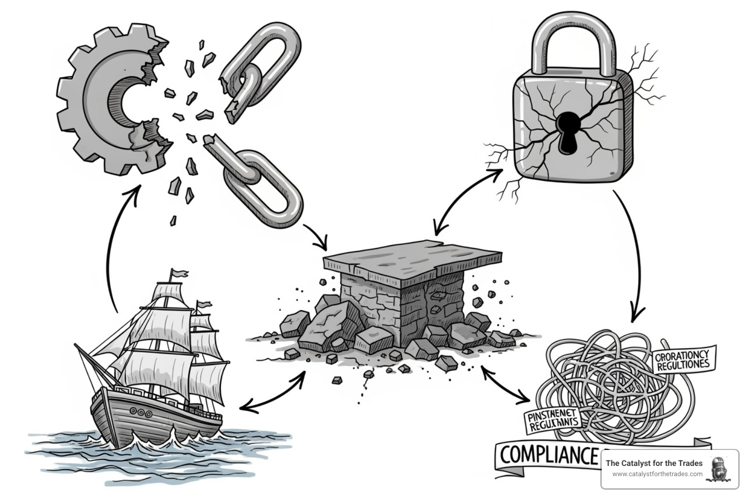 Image of a diagram illustrating supply chain risks like financial instability, operational failures, cybersecurity threats, and compliance issues - choosing right vendors