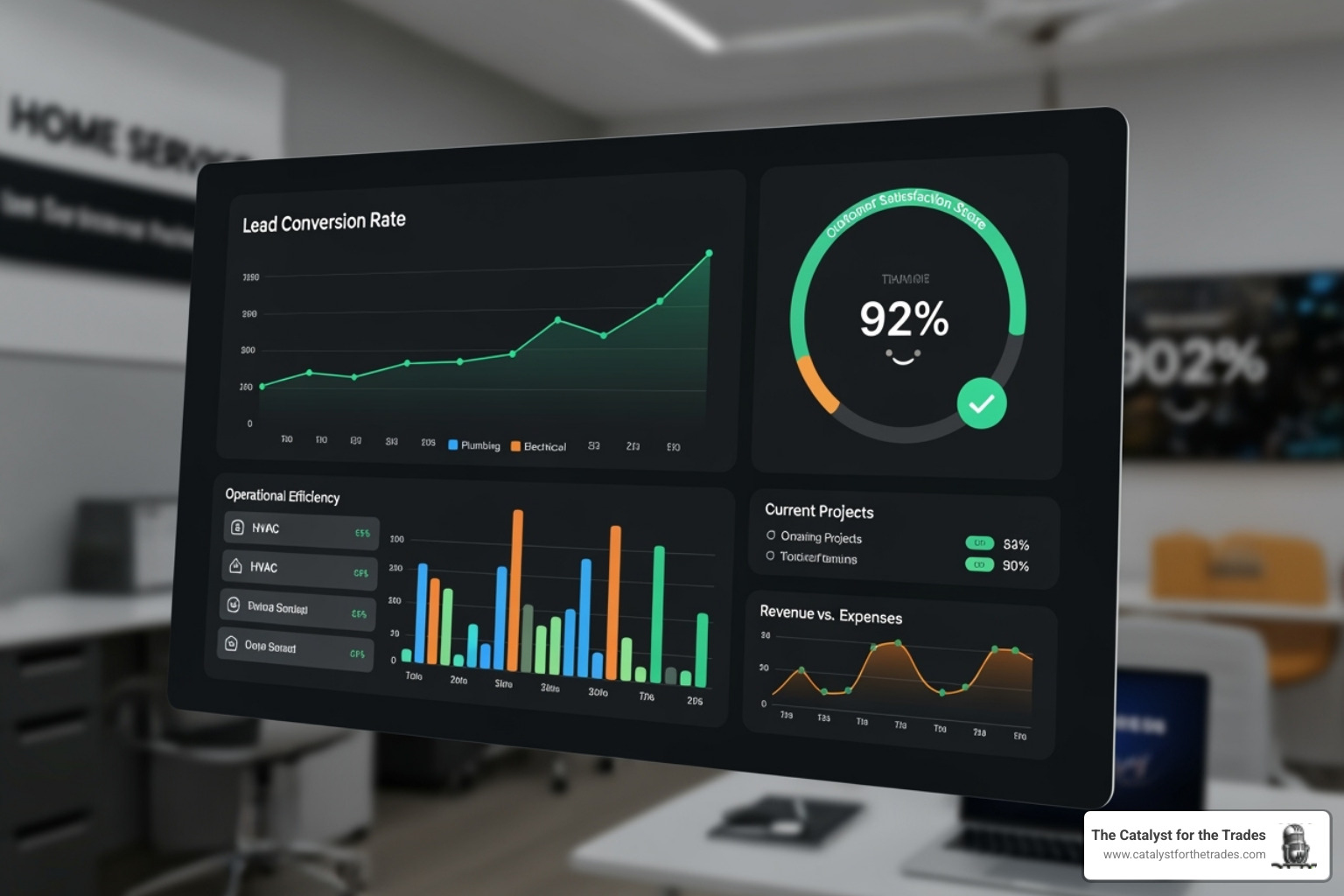 An AI-powered dashboard displaying metrics for a home service business, including lead conversion, customer satisfaction, and operational efficiency - catalyst for the trades podcast