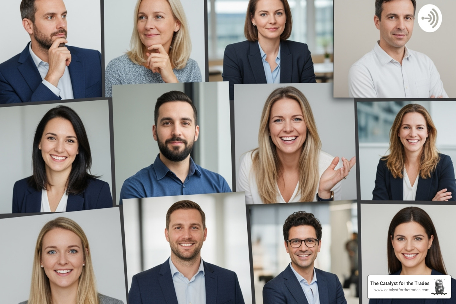 A collage of diverse guests who have appeared on the Catalyst for the Trades podcast - catalyst for the trades podcast