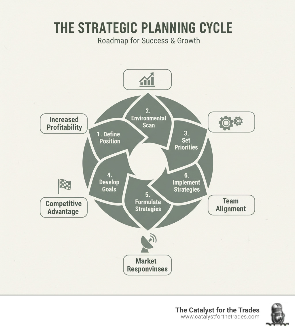Comprehensive infographic showing the strategic planning process cycle with seven interconnected steps: Define Position, Environmental Scan, Set Priorities, Develop Goals, Formulate Strategies, Implement Plans, and Monitor & Adapt, with arrows showing the continuous flow between each phase and key benefits listed around the perimeter including increased profitability, team alignment, market responsiveness, and competitive advantage - strategic planning process infographic Comprehensive infographic showing the strategic planning process cycle with seven interconnected steps: Define Position, Environmental Scan, Set Priorities, Develop Goals, Formulate Strategies, Implement Plans, and Monitor & Adapt, with arrows showing the continuous flow between each phase and key benefits listed around the perimeter including increased profitability, team alignment, market responsiveness, and competitive advantage - strategic planning process infographic