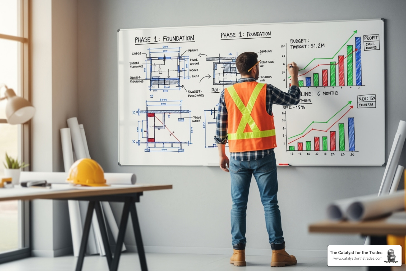 A contractor sketching out a plan on a whiteboard, blending technical diagrams with business growth charts - thought leadership A contractor sketching out a plan on a whiteboard, blending technical diagrams with business growth charts - thought leadership