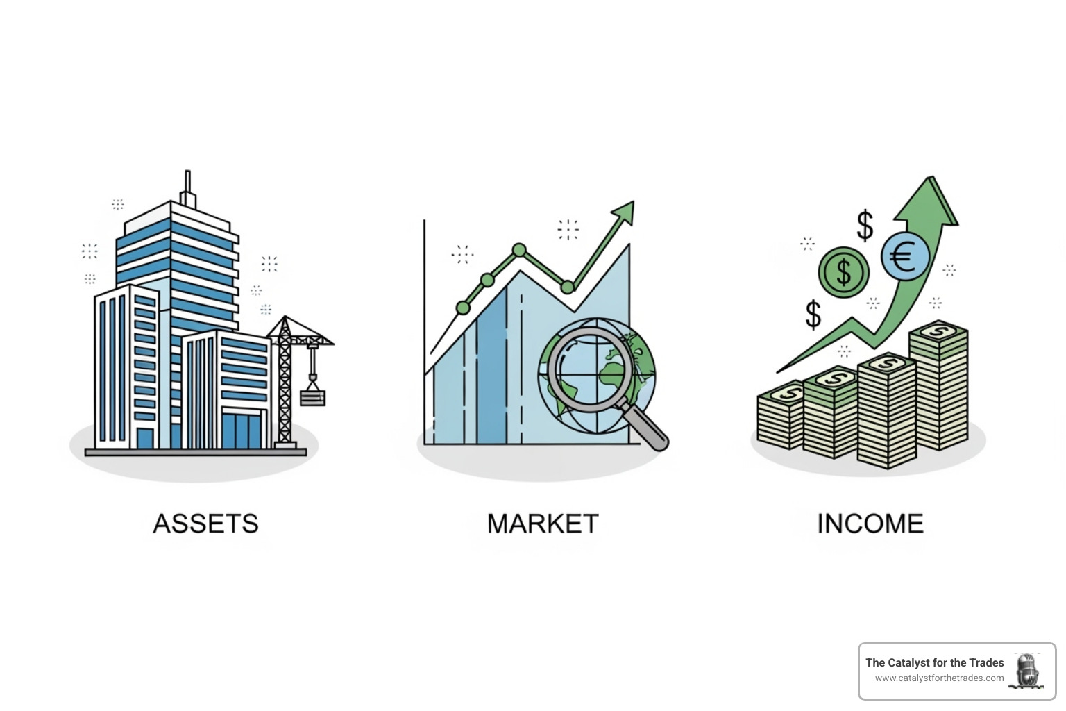 three icons representing the Asset, Market, and Income approaches to valuation - business valuation contractors three icons representing the Asset, Market, and Income approaches to valuation - business valuation contractors