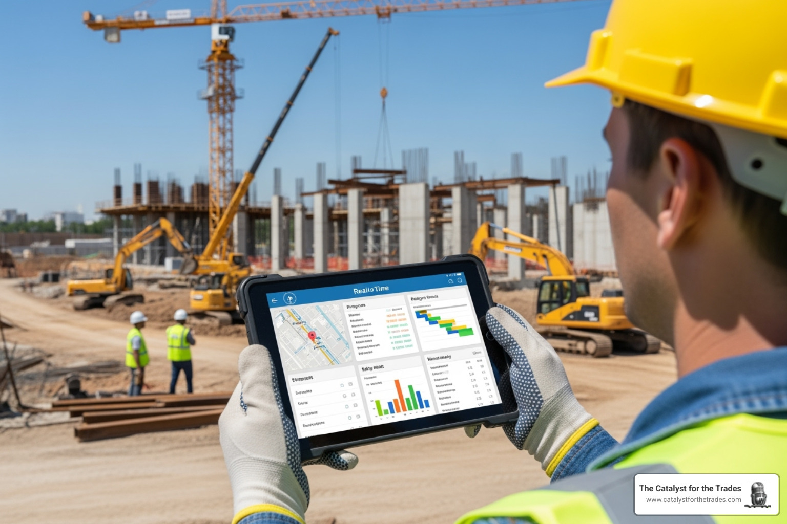 a construction site dashboard on a tablet showing key metrics like Backlog, EBITDA, and Gross Profit Margin - business valuation contractors a construction site dashboard on a tablet showing key metrics like Backlog, EBITDA, and Gross Profit Margin - business valuation contractors