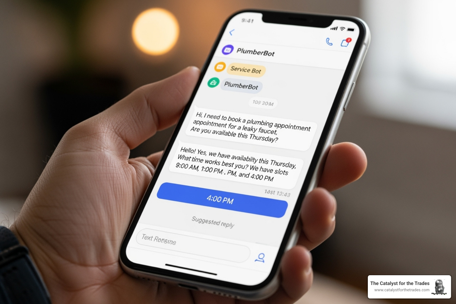 Chatbot conversation on a smartphone booking a plumbing appointment - ai customer service automation Chatbot conversation on a smartphone booking a plumbing appointment - ai customer service automation