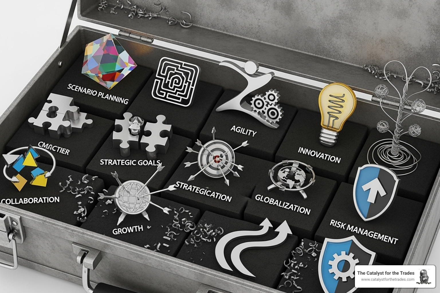 Image of a toolbox filled with icons representing different frameworks (scenario planning, agility, etc.) - strategic adaptation Image of a toolbox filled with icons representing different frameworks (scenario planning, agility, etc.) - strategic adaptation