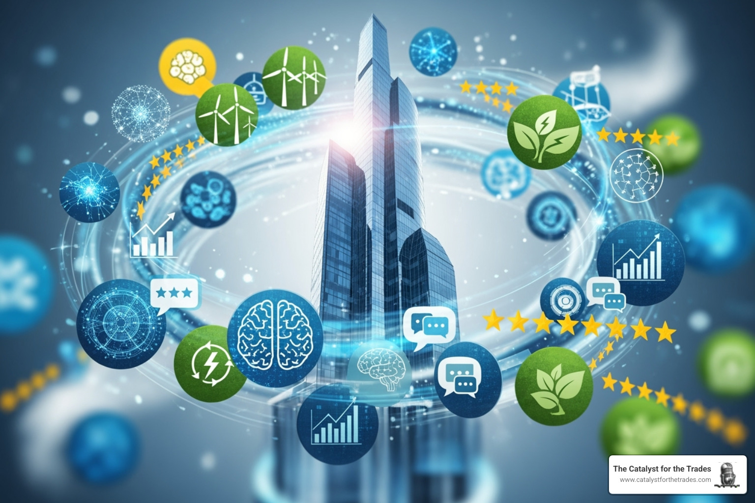 Image of diverse factors swirling around a business, like AI icons, green energy symbols, and customer review stars - strategic adaptation Image of diverse factors swirling around a business, like AI icons, green energy symbols, and customer review stars - strategic adaptation