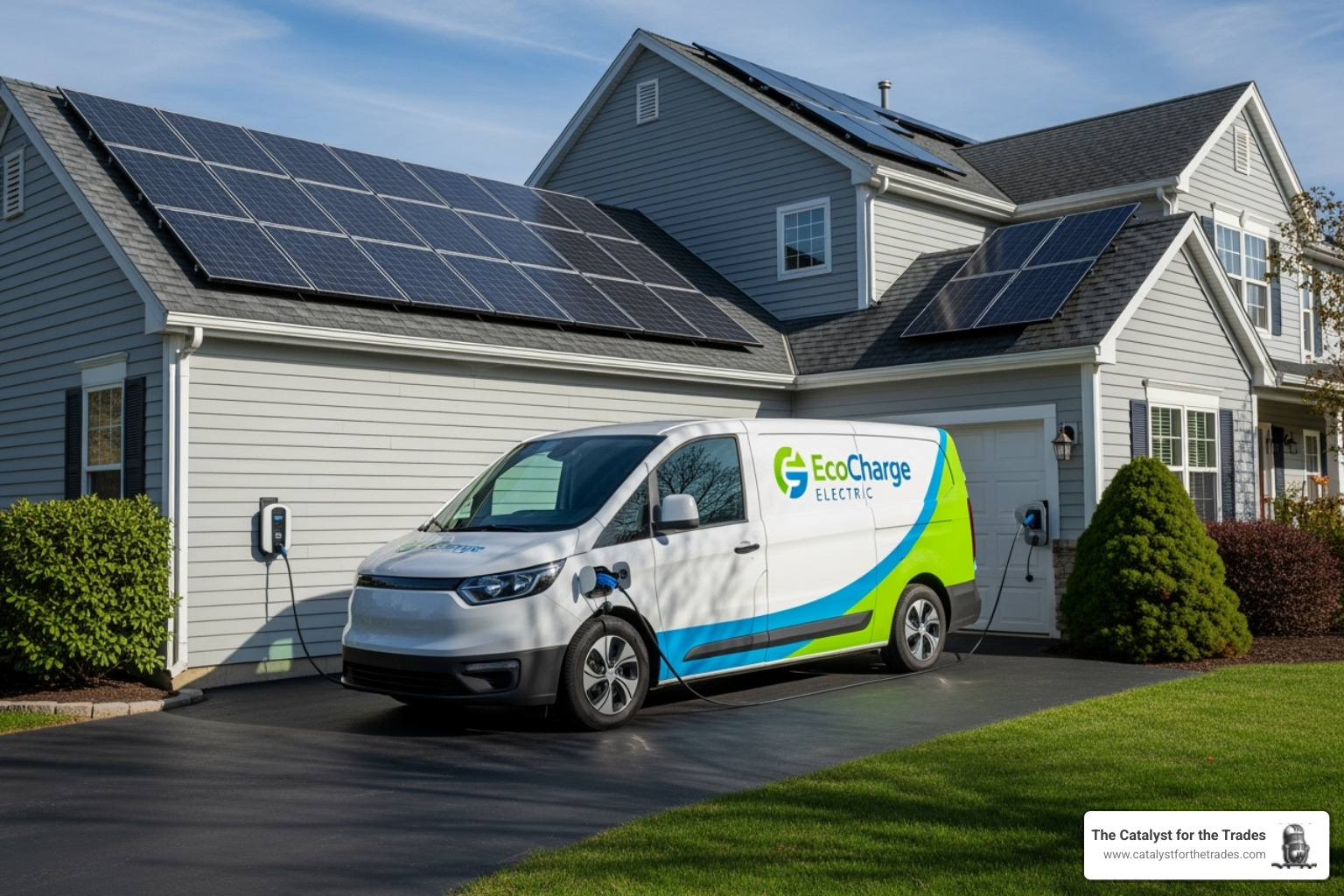 An EV service van parked in front of a home with solar panels, representing sustainable practices in home services - industry leadership