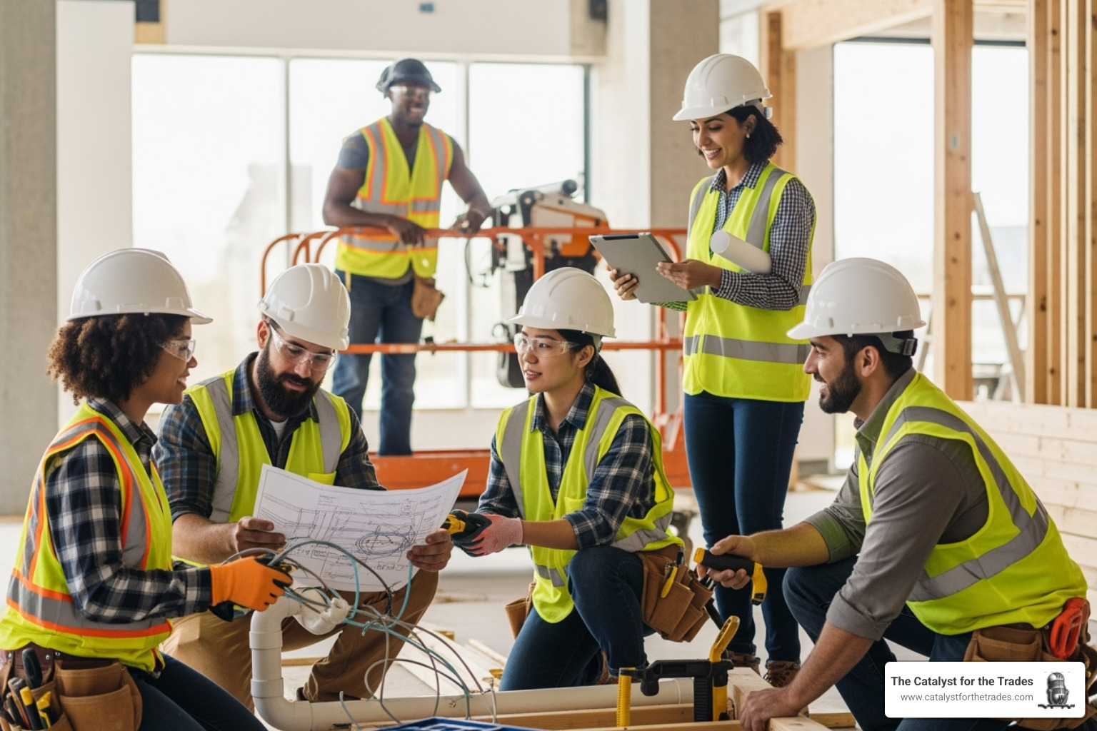 A diverse and happy team of tradespeople collaborating on a project, showcasing teamwork and positive work environment - industry leadership