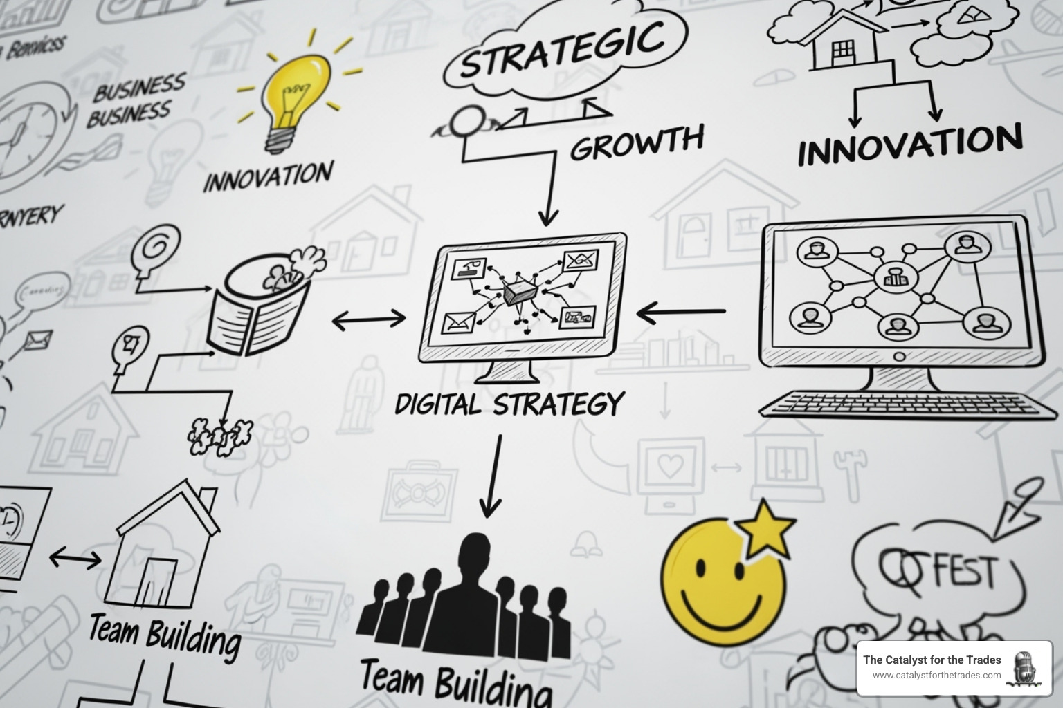 A blueprint or a whiteboard with strategic notes for a home service business, including keywords like "Innovation," "Digital Marketing," "Talent Acquisition," and "Customer Experience" - industry leadership