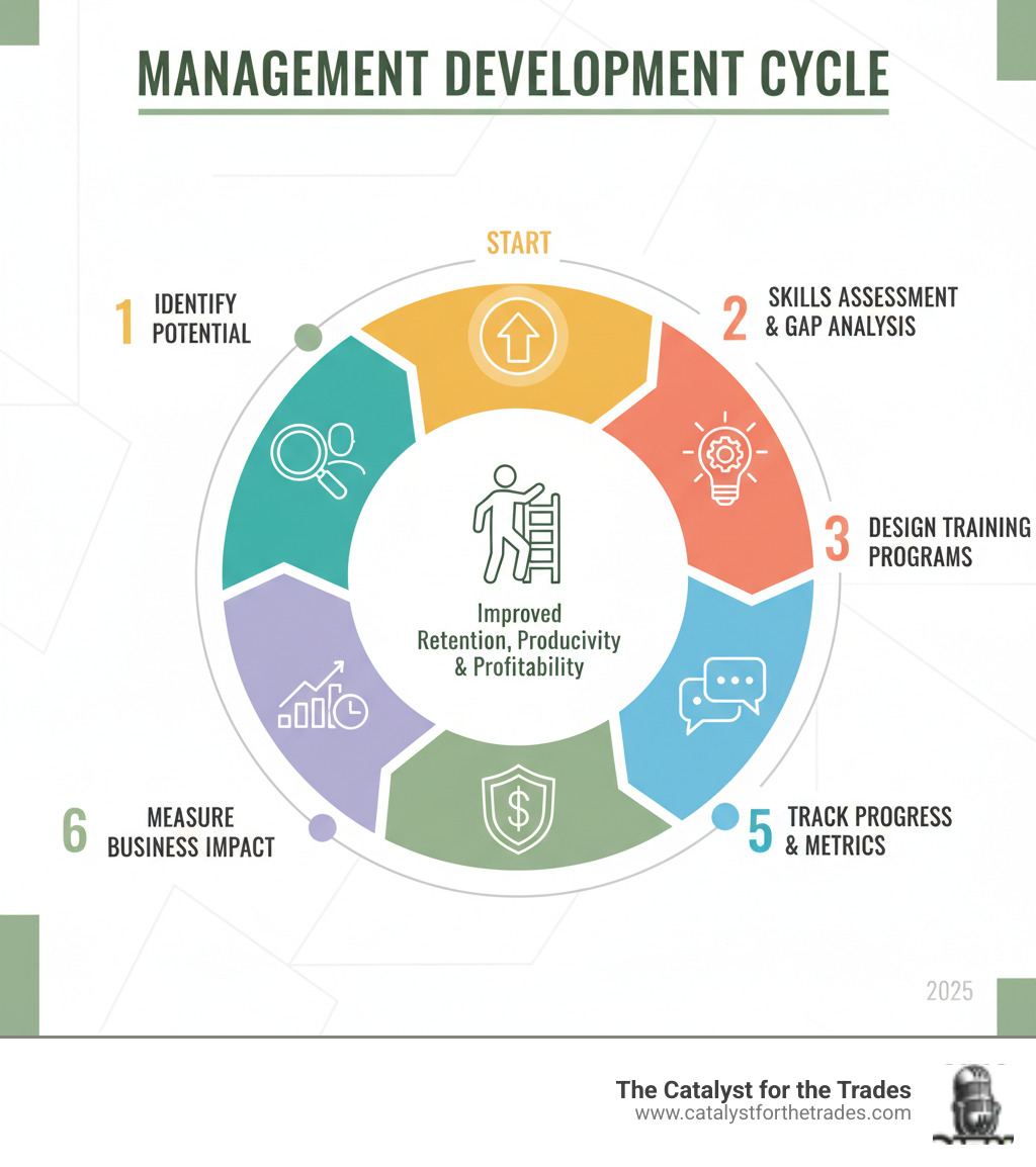 Comprehensive infographic showing the management development cycle: starting with identifying high-potential employees, moving through skills assessment and gap analysis, then to designing targeted training programs, implementing coaching and mentoring, tracking progress and performance metrics, and finally measuring business impact through improved retention, productivity, and profitability - management development infographic Comprehensive infographic showing the management development cycle: starting with identifying high-potential employees, moving through skills assessment and gap analysis, then to designing targeted training programs, implementing coaching and mentoring, tracking progress and performance metrics, and finally measuring business impact through improved retention, productivity, and profitability - management development infographic
