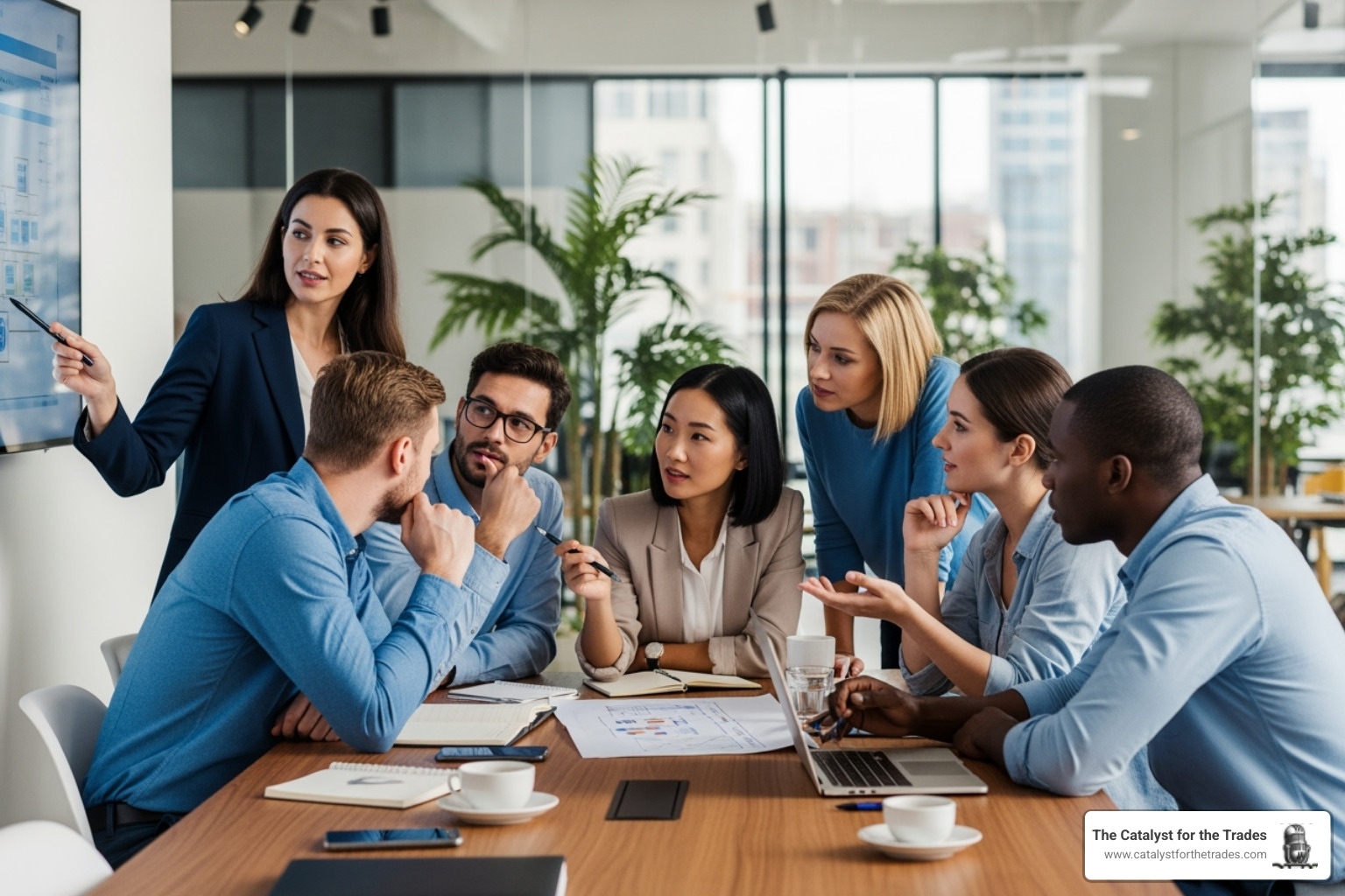 an engaged team collaborating on a project plan - management development an engaged team collaborating on a project plan - management development