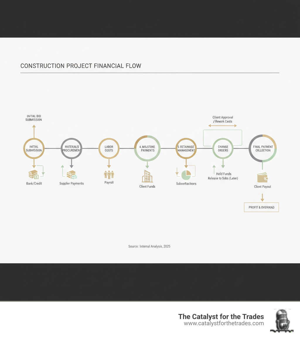 Infographic showing the complete financial flow of a construction project from initial bid submission through materials procurement, labor costs, milestone payments, retainage management, change orders, and final payment collection, with arrows indicating cash flow direction and timing - financial management contractors infographic 