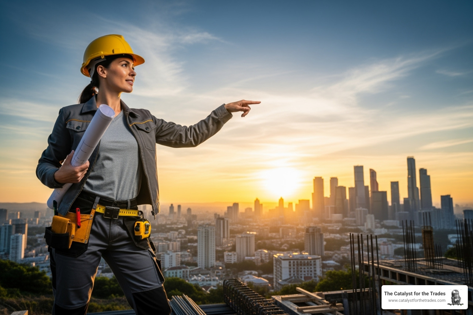 A successful trades business owner, perhaps a woman in a hard hat, looking confidently towards a bright horizon with a blueprint in hand, symbolizing future planning and success. - financial management contractors