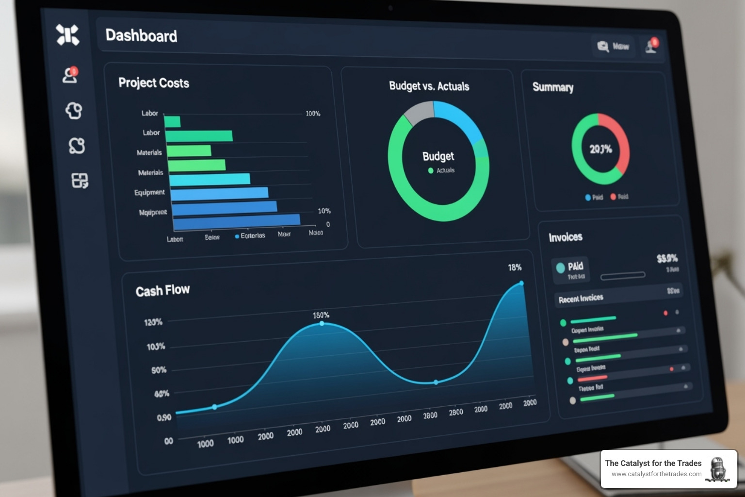 A vibrant dashboard display from a construction financial management software, showing real-time project costs, budget vs. actuals, cash flow projections, outstanding invoices, and key performance indicators in an easy-to-understand graphical format. - financial management contractors