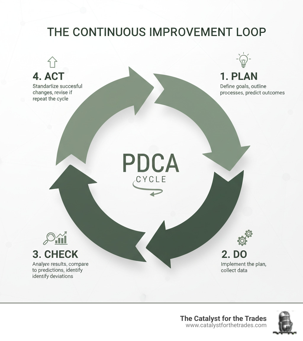 Infographic explaining the cyclical nature of Plan-Do-Check-Act (PDCA) - process improvement infographic Infographic explaining the cyclical nature of Plan-Do-Check-Act (PDCA) - process improvement infographic