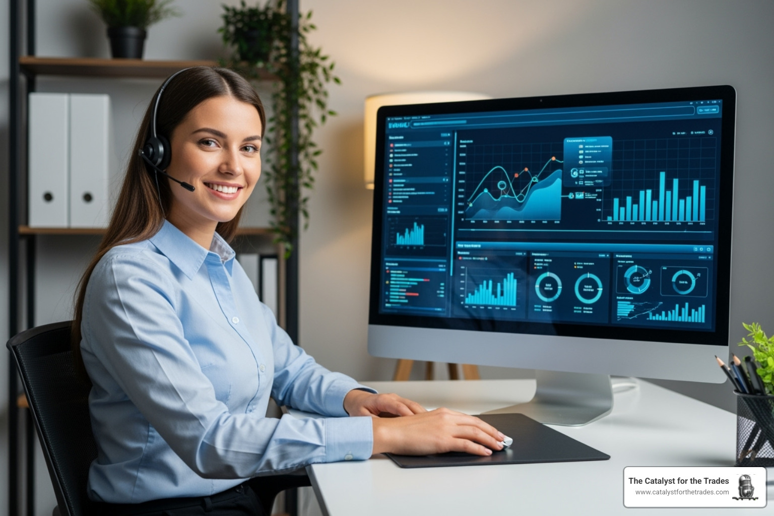 CSR smiling while a computer handles simple tasks in the background - automated customer service
