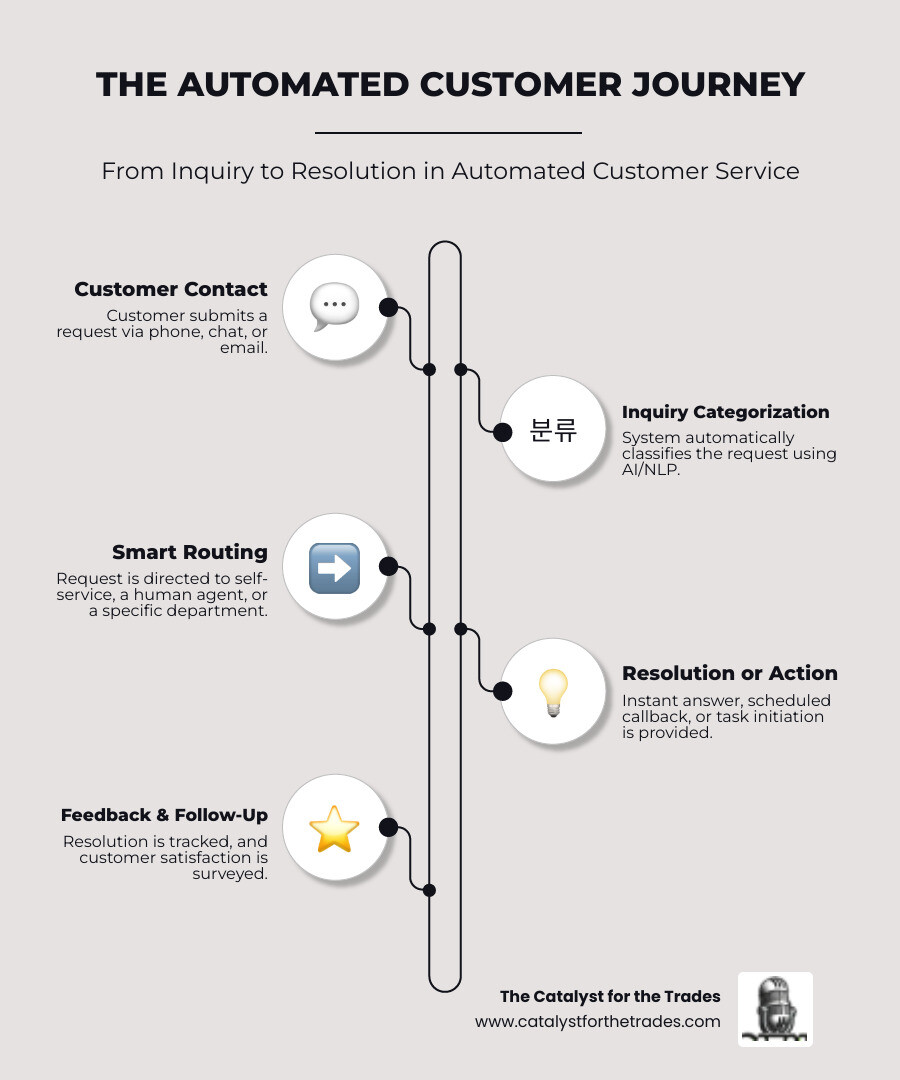 Infographic showing the automated customer service journey: customer submits request via phone, chat, or email, system automatically categorizes the inquiry, routes to appropriate department or self-service option, provides instant response or schedules callback, and tracks resolution with follow-up survey - automated customer service infographic infographic-line-5-steps-neat_beige