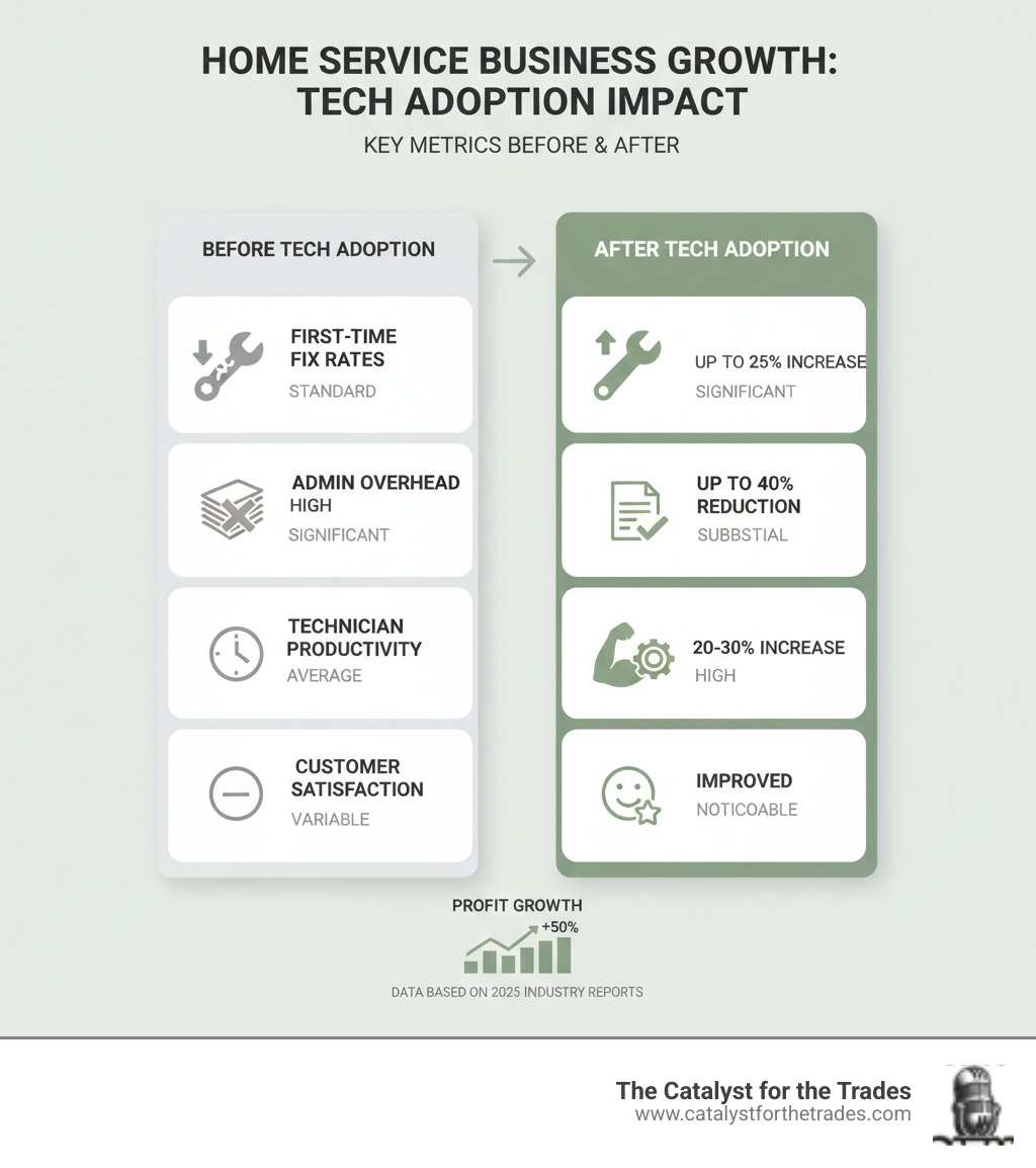Table comparing key metrics before and after tech adoption (First-time fix rates, Admin overhead, Technician productivity, Customer satisfaction) - home service business growth infographic Table comparing key metrics before and after tech adoption (First-time fix rates, Admin overhead, Technician productivity, Customer satisfaction) - home service business growth infographic