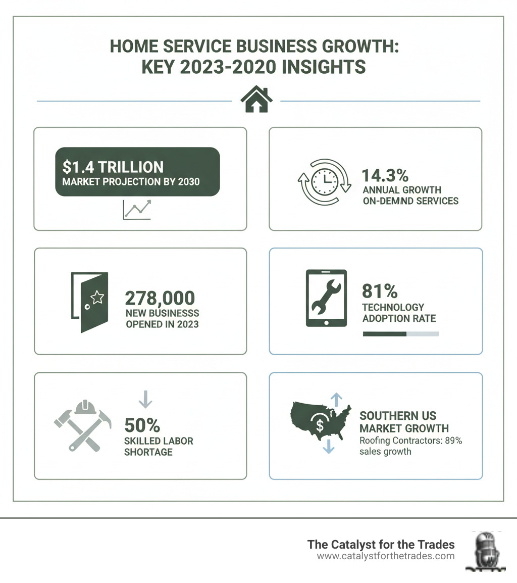 Comprehensive infographic showing home service business growth statistics including the $1.4 trillion market projection by 2030, 14.3% annual growth rate for on-demand services, 278,000 new businesses opened in 2023, 81% technology adoption rate, 50% skilled labor shortage, and key regional growth data for Southern US markets - home service business growth infographic Comprehensive infographic showing home service business growth statistics including the $1.4 trillion market projection by 2030, 14.3% annual growth rate for on-demand services, 278,000 new businesses opened in 2023, 81% technology adoption rate, 50% skilled labor shortage, and key regional growth data for Southern US markets - home service business growth infographic