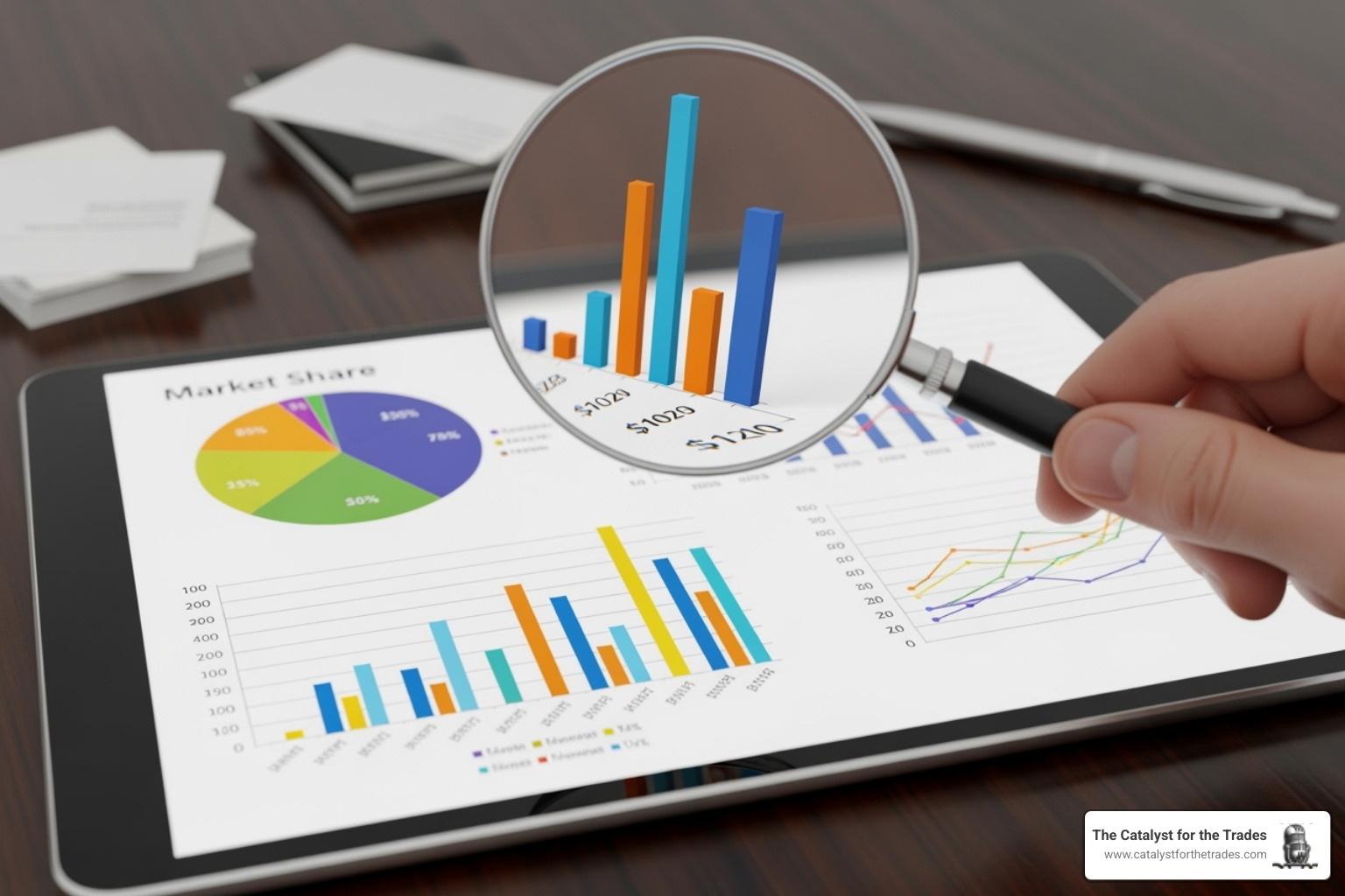 A magnifying glass hovering over business data charts, indicating detailed analysis - business strategy development A magnifying glass hovering over business data charts, indicating detailed analysis - business strategy development
