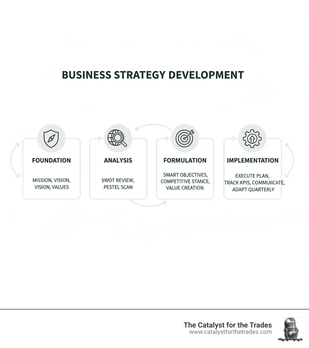 Business Strategy Development Process: Four key phases shown - Foundation (Define mission, vision, values), Analysis (Internal SWOT review and external market scan using PESTEL), Formulation (Set SMART objectives, choose competitive stance, identify value creation), Implementation (Execute plan, track KPIs, communicate to team, adapt quarterly) - business strategy development infographic Business Strategy Development Process: Four key phases shown - Foundation (Define mission, vision, values), Analysis (Internal SWOT review and external market scan using PESTEL), Formulation (Set SMART objectives, choose competitive stance, identify value creation), Implementation (Execute plan, track KPIs, communicate to team, adapt quarterly) - business strategy development infographic