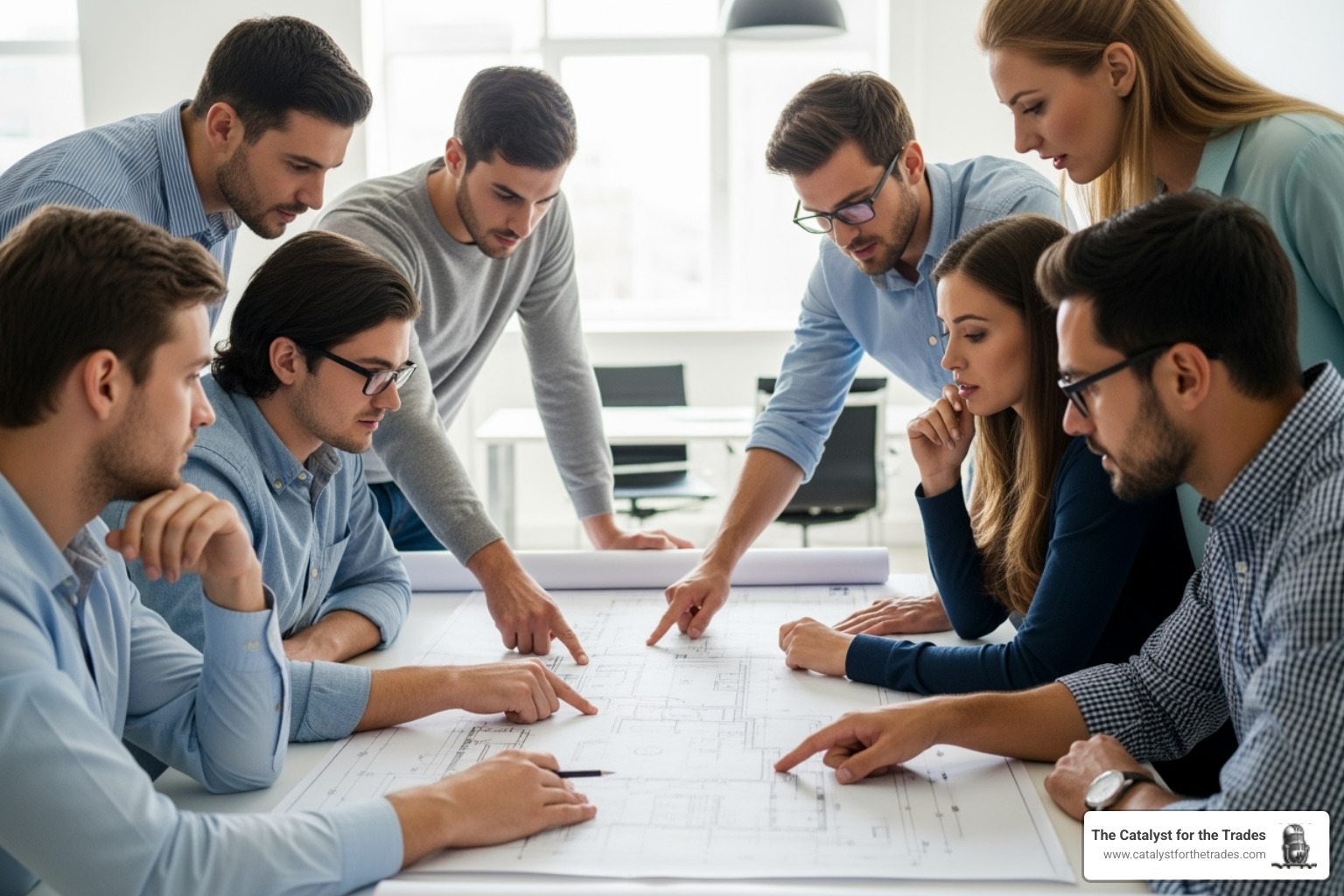 Diverse team members collaboratively reviewing a blueprint for a home service project - succession planning Diverse team members collaboratively reviewing a blueprint for a home service project - succession planning