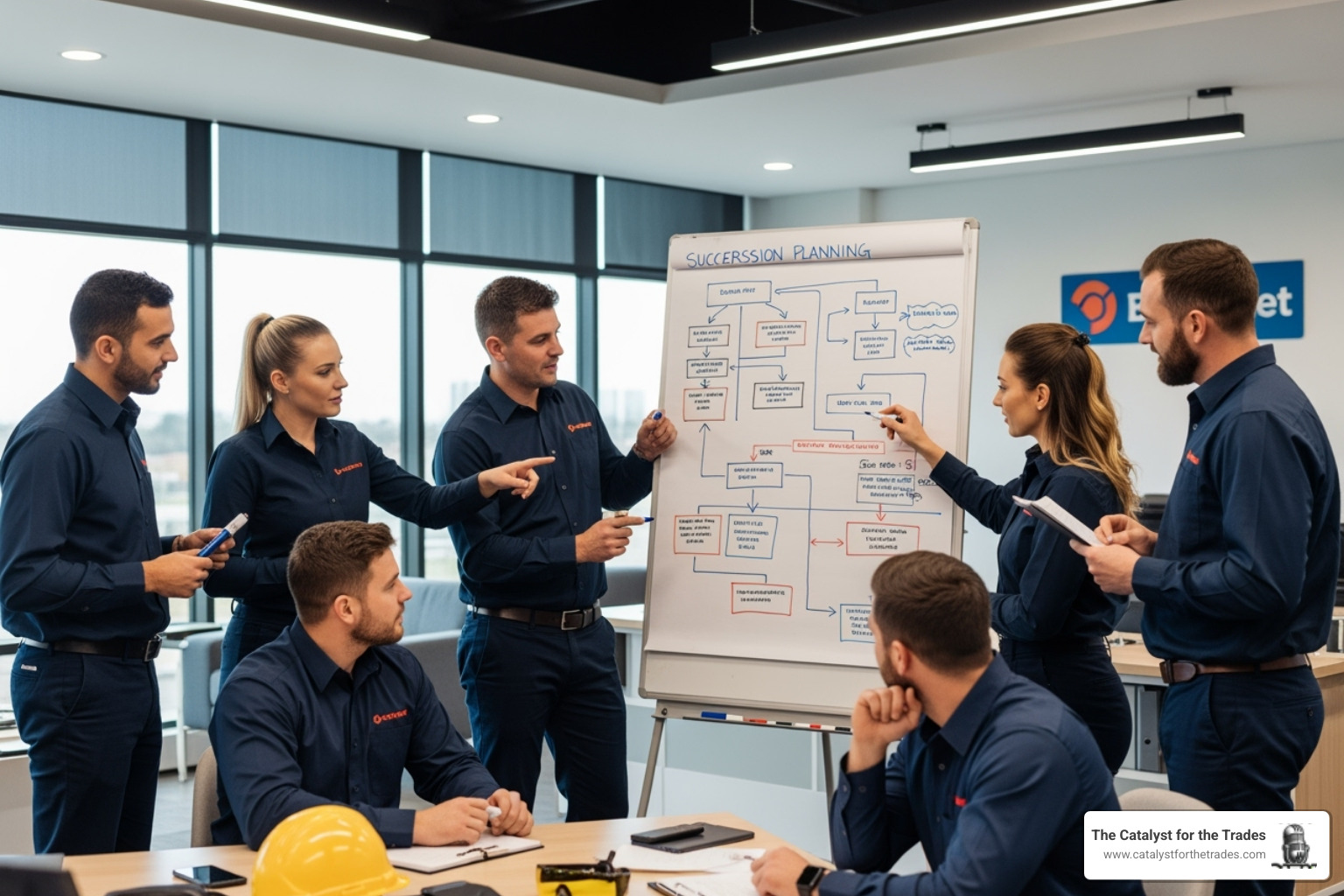 Trades team discussing a succession planning flowchart on a whiteboard - succession planning Trades team discussing a succession planning flowchart on a whiteboard - succession planning