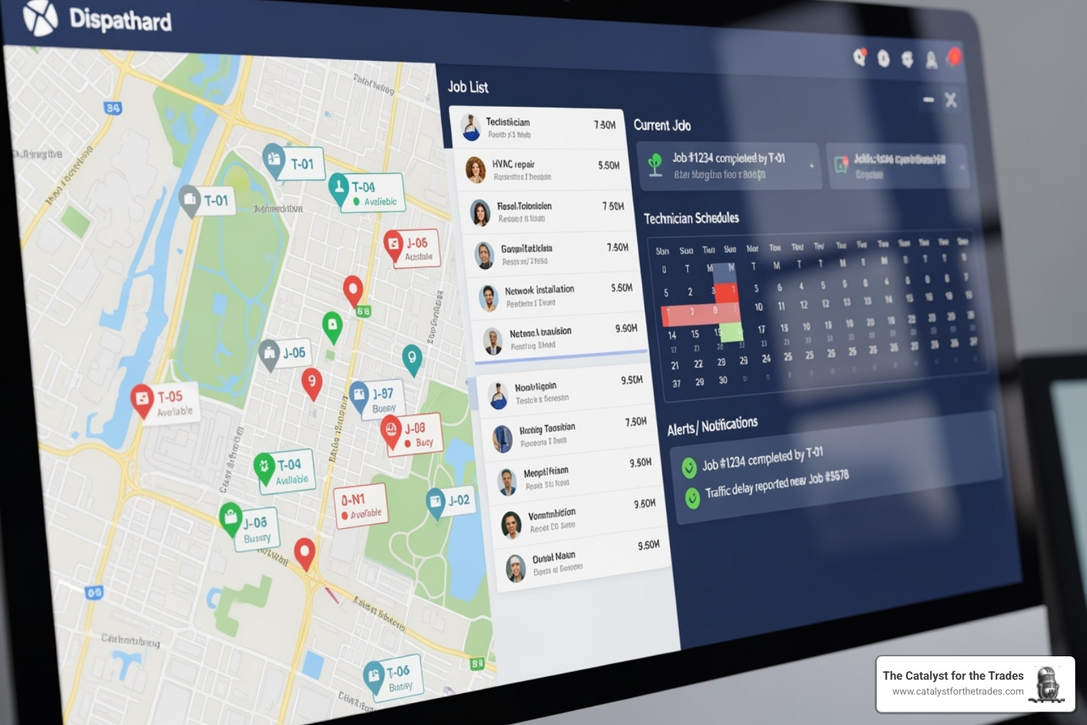 A dispatch dashboard on a computer screen showing multiple technicians' locations on a map, with job details and schedules displayed in an organized layout. - hvac business operations