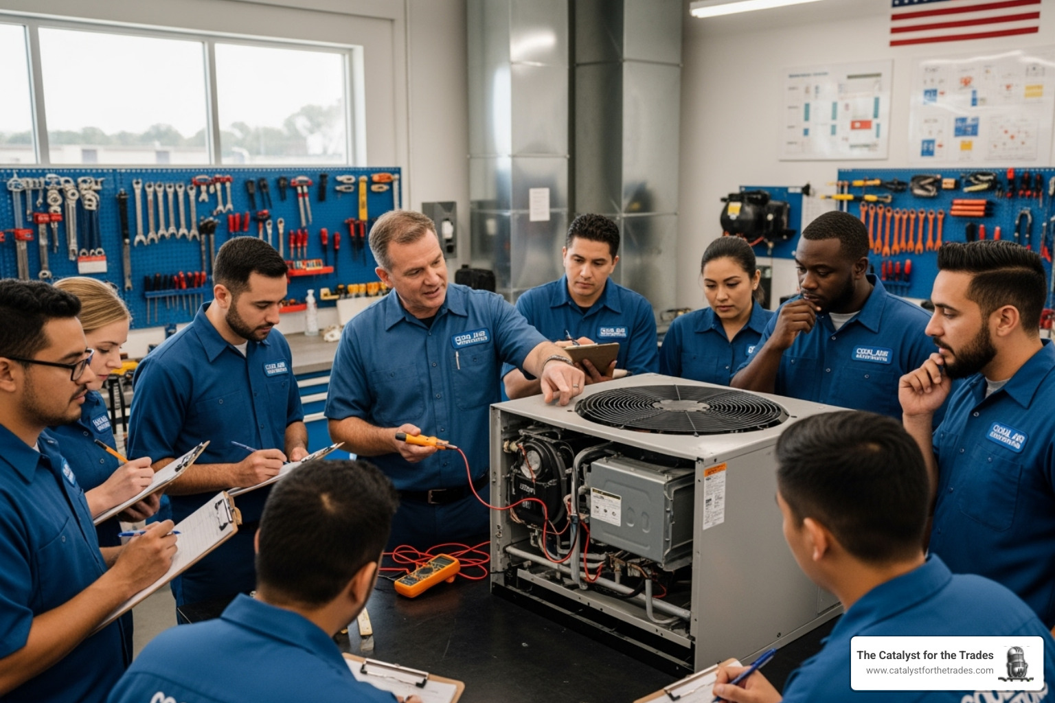 A diverse group of HVAC technicians in a positive training environment, actively engaged in a hands-on learning session. - hvac business operations
