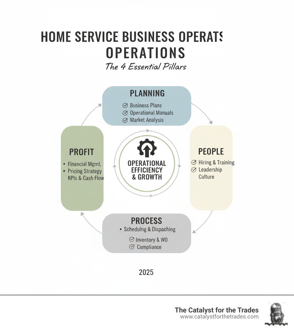 Infographic showing the four core pillars of home service business operations: Planning (business plans, operational manuals, market analysis), People (hiring, training, leadership, culture), Process (scheduling, dispatching, inventory, work orders, compliance), and Profit (financial management, pricing, KPIs, cash flow). Each pillar includes 3-5 key action items and connects to show how they work together to create operational efficiency and business growth. - hvac business operations infographic 