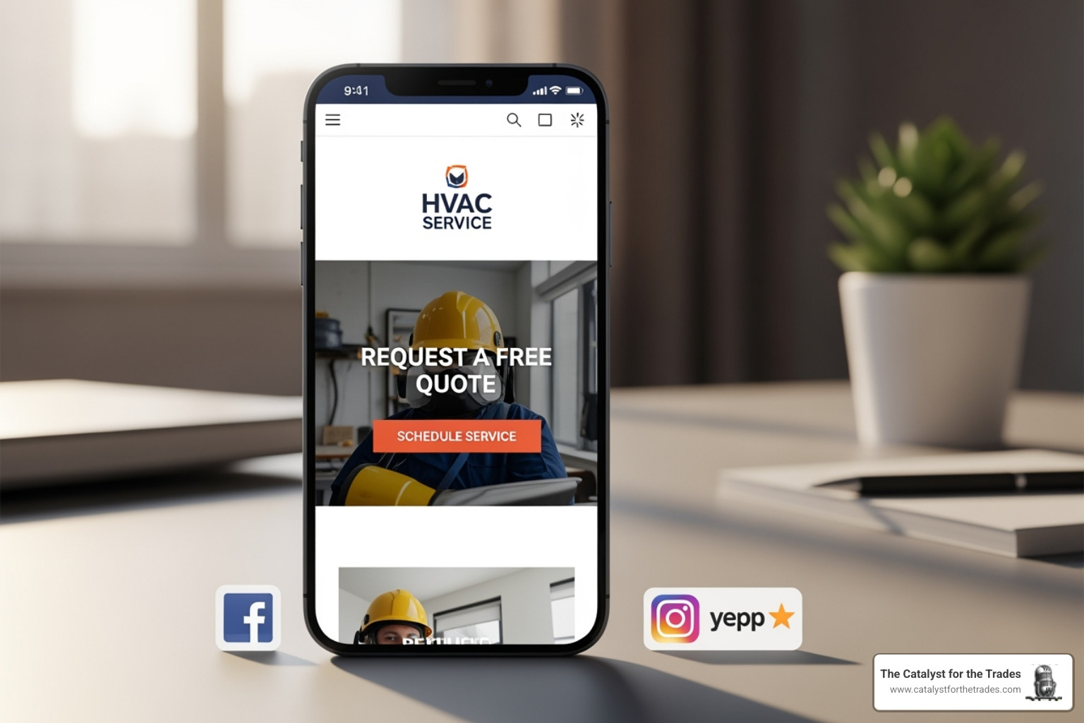 A smartphone displaying a local HVAC company's website with a clear call to action, alongside social media icons for Facebook, Instagram, and Yelp. - hvac business operations