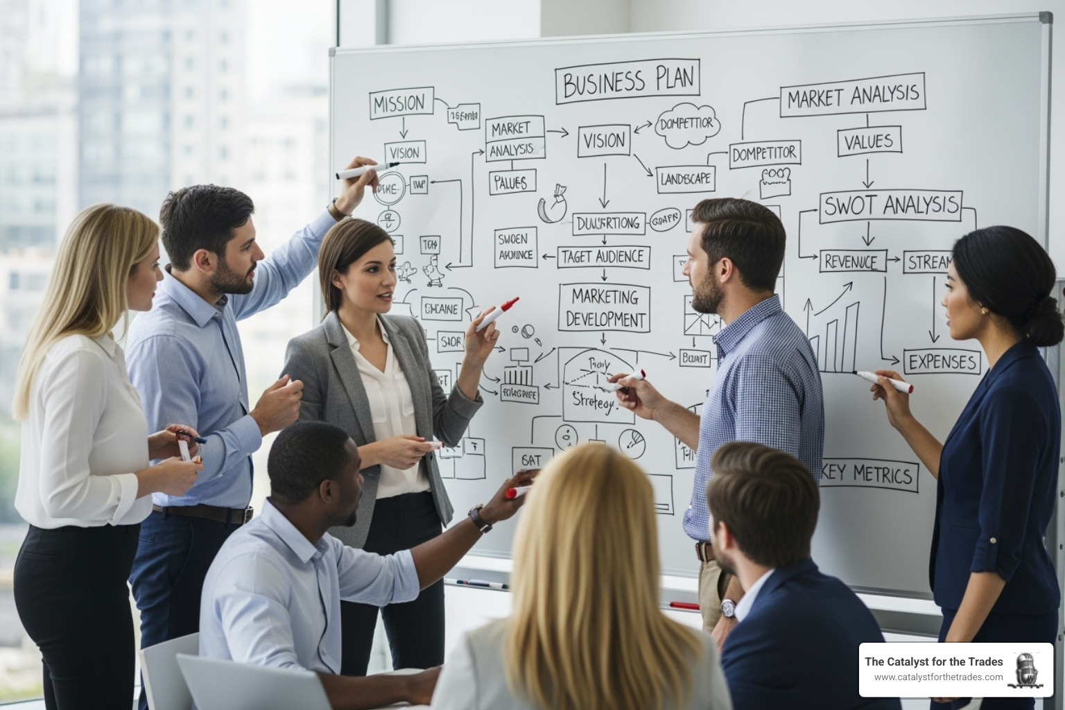 A team collaborating on a whiteboard to structure a business plan, showing sections like 'Mission,' 'Market Analysis,' and 'Financial Projections.' - hvac business operations