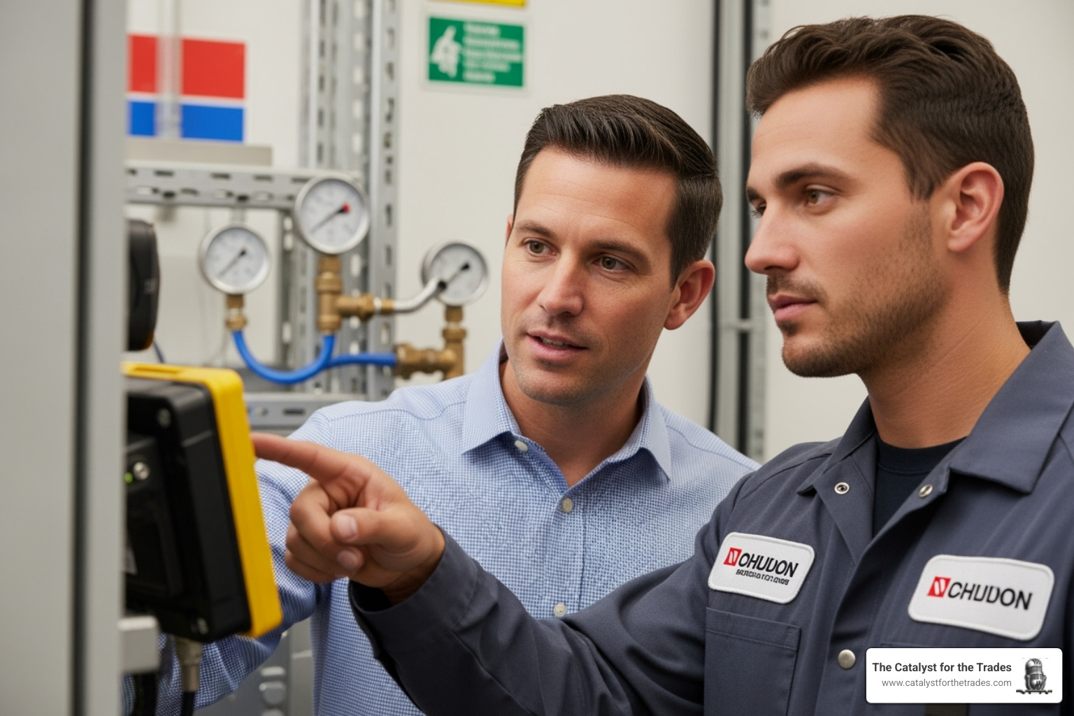 Image of a manager coaching a technician in the field - talent management Image of a manager coaching a technician in the field - talent management