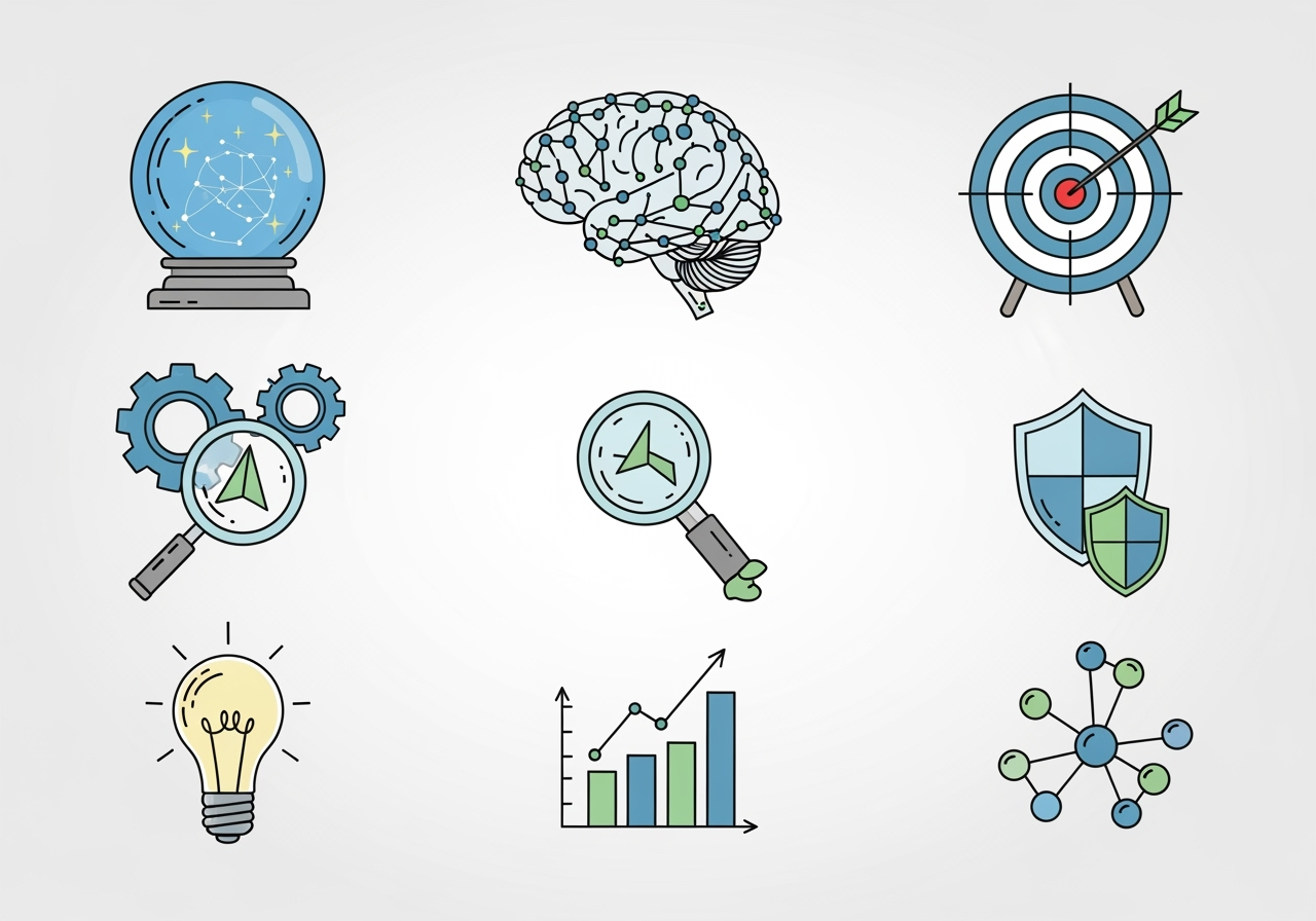 icons representing different categories of AI tools (e.g., a crystal ball for prediction, a brain for intelligence, a target for marketing) - ai decision making tools icons representing different categories of AI tools (e.g., a crystal ball for prediction, a brain for intelligence, a target for marketing) - ai decision making tools