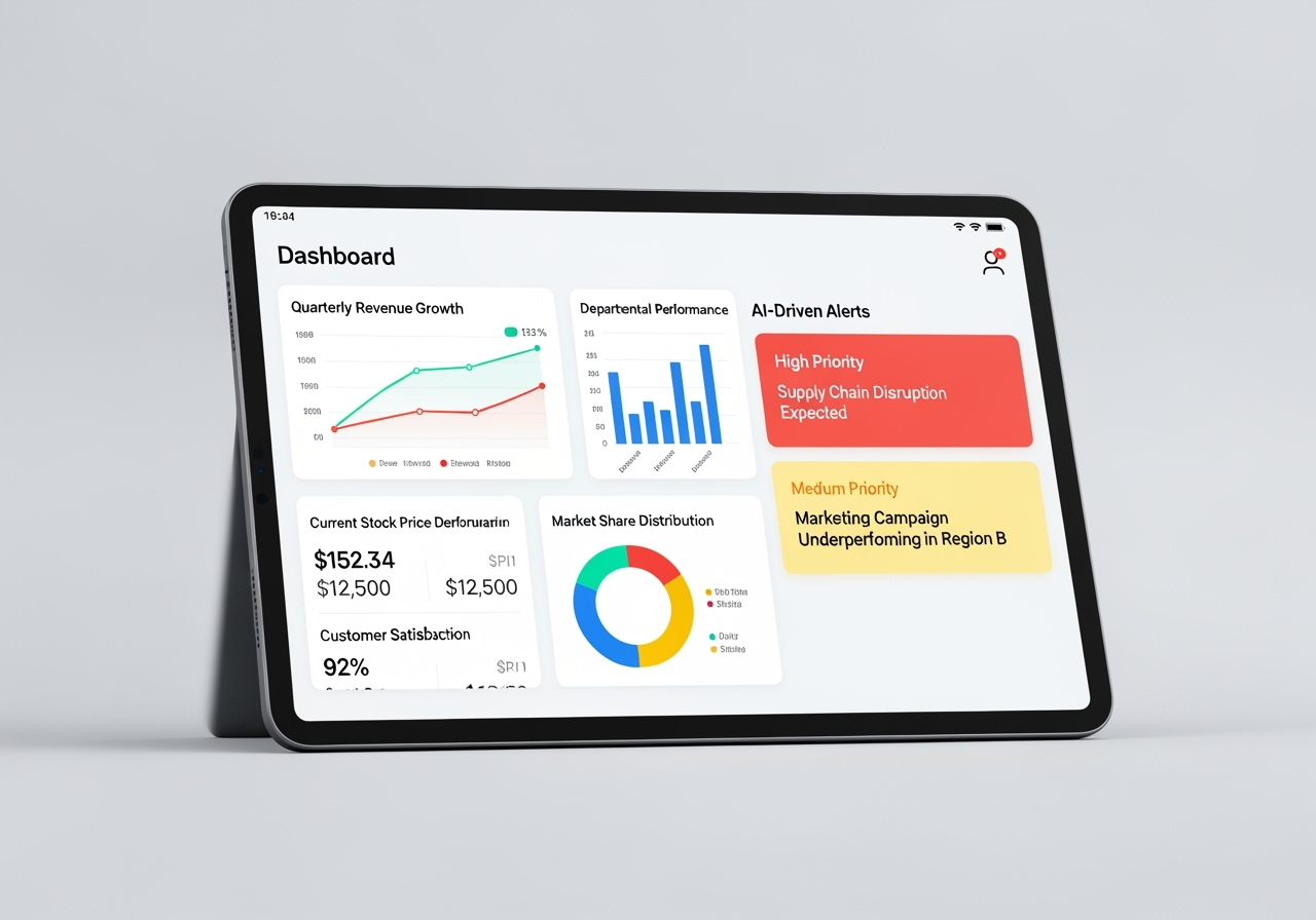 clean, modern dashboard on a tablet showing real-time business metrics and AI-driven alerts - ai decision making tools clean, modern dashboard on a tablet showing real-time business metrics and AI-driven alerts - ai decision making tools