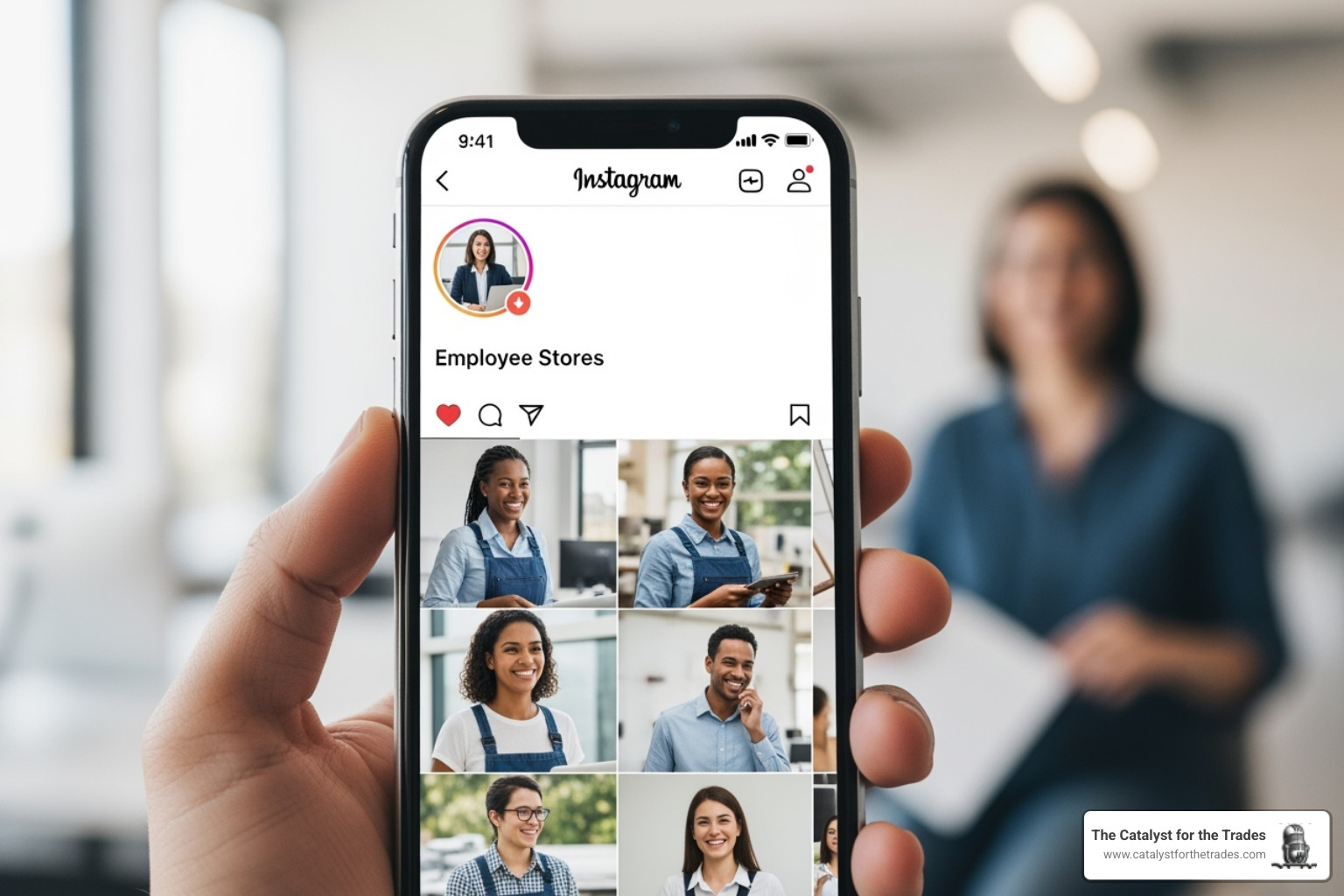 Smartphone displaying a company's Instagram page with employee stories - employer branding Smartphone displaying a company's Instagram page with employee stories - employer branding