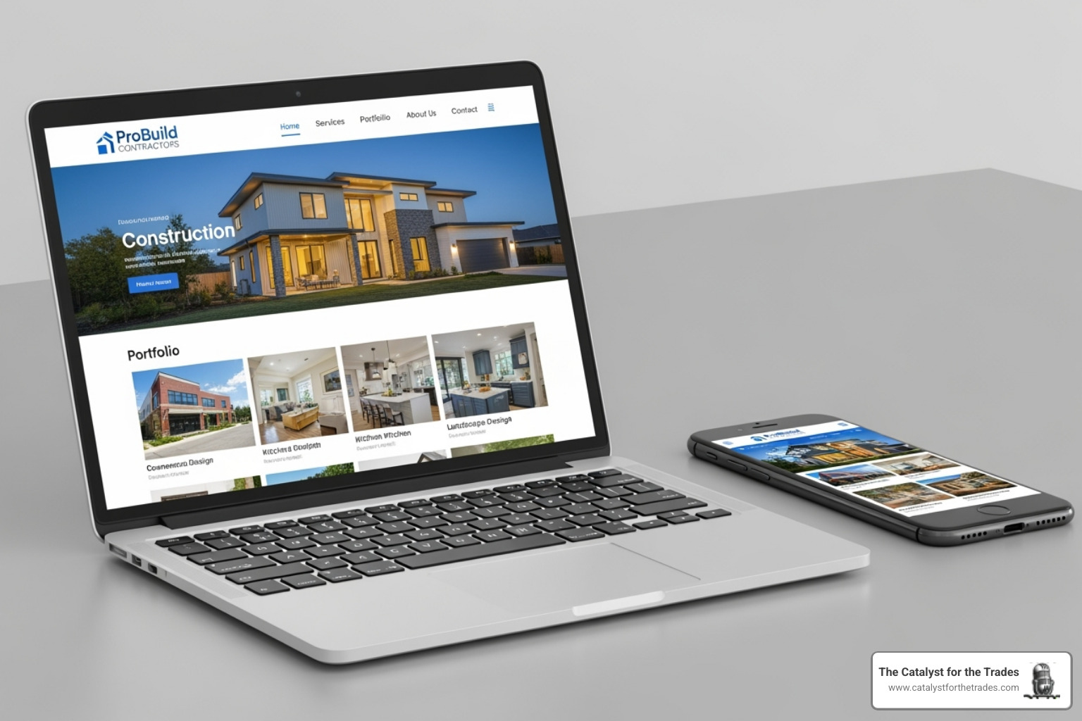 A professional contractor website displayed on a laptop and smartphone, showcasing a clean design and portfolio images - contractor business strategy