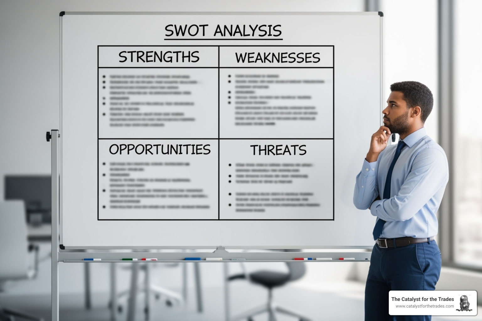 A whiteboard with a SWOT analysis for a contracting business, showing sections for Strengths, Weaknesses, Opportunities, and Threats - contractor business strategy
