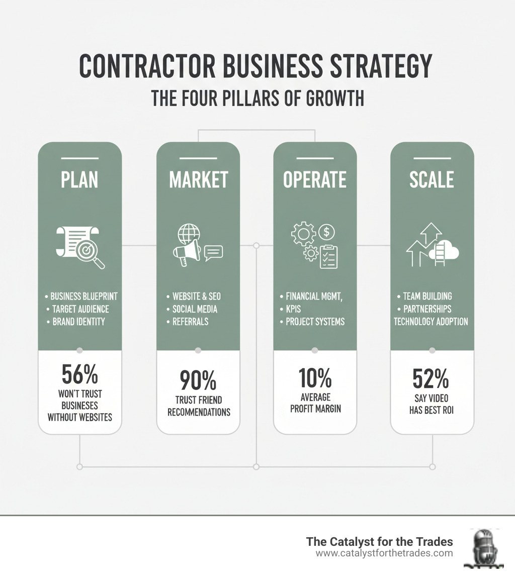 Infographic showing the four pillars of contractor business strategy: Plan (business blueprint, target audience, brand identity), Market (website, SEO, social media, referrals), Operate (financial management, KPIs, project systems), and Scale (team building, partnerships, technology adoption). Each pillar shows key metrics: 56% won't trust businesses without websites, 90% trust friend recommendations, 10% average profit margin, 52% say video has best ROI. - contractor business strategy infographic 