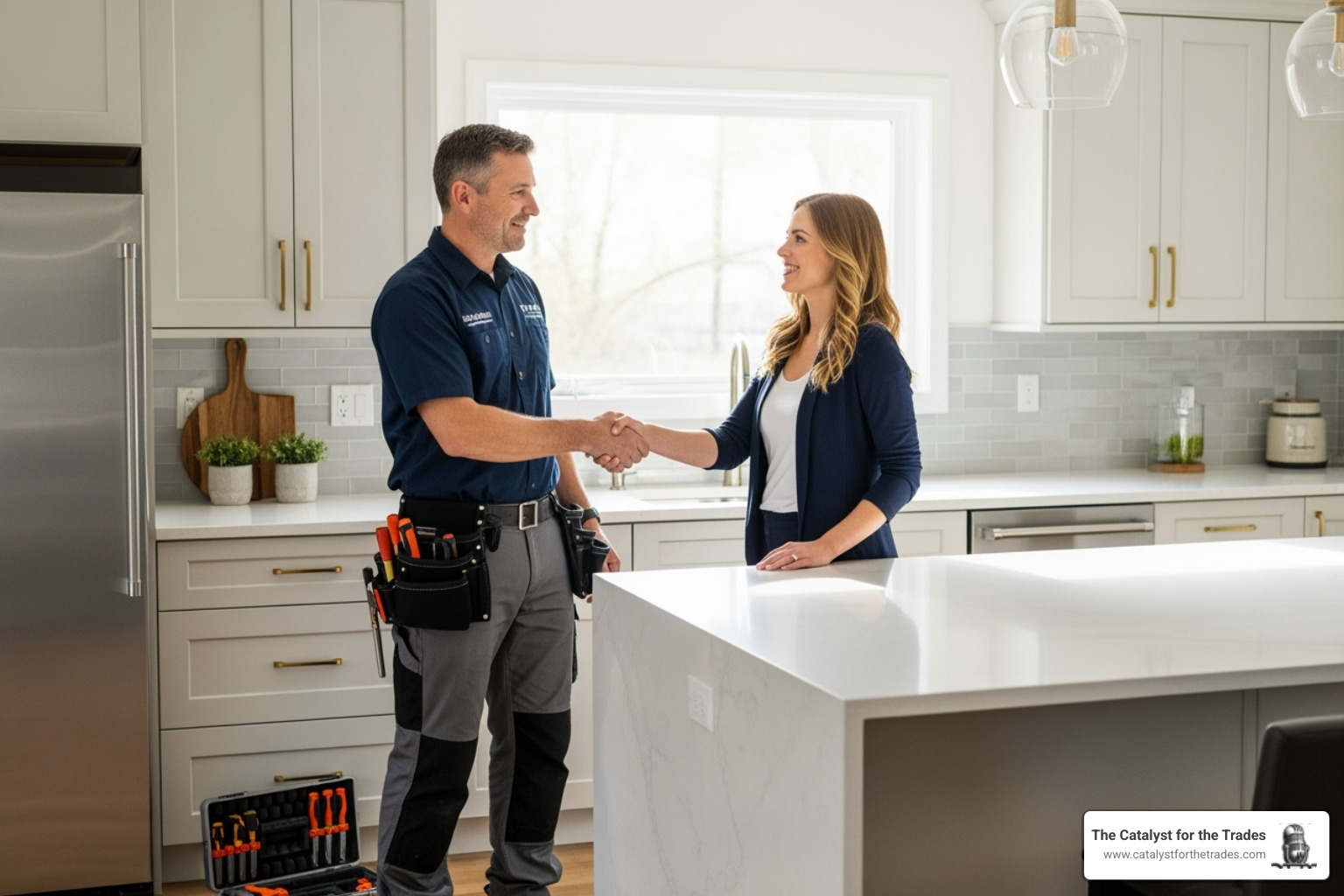 A contractor and a client shaking hands in a newly renovated kitchen, symbolizing successful project completion and client satisfaction - contractor business strategy