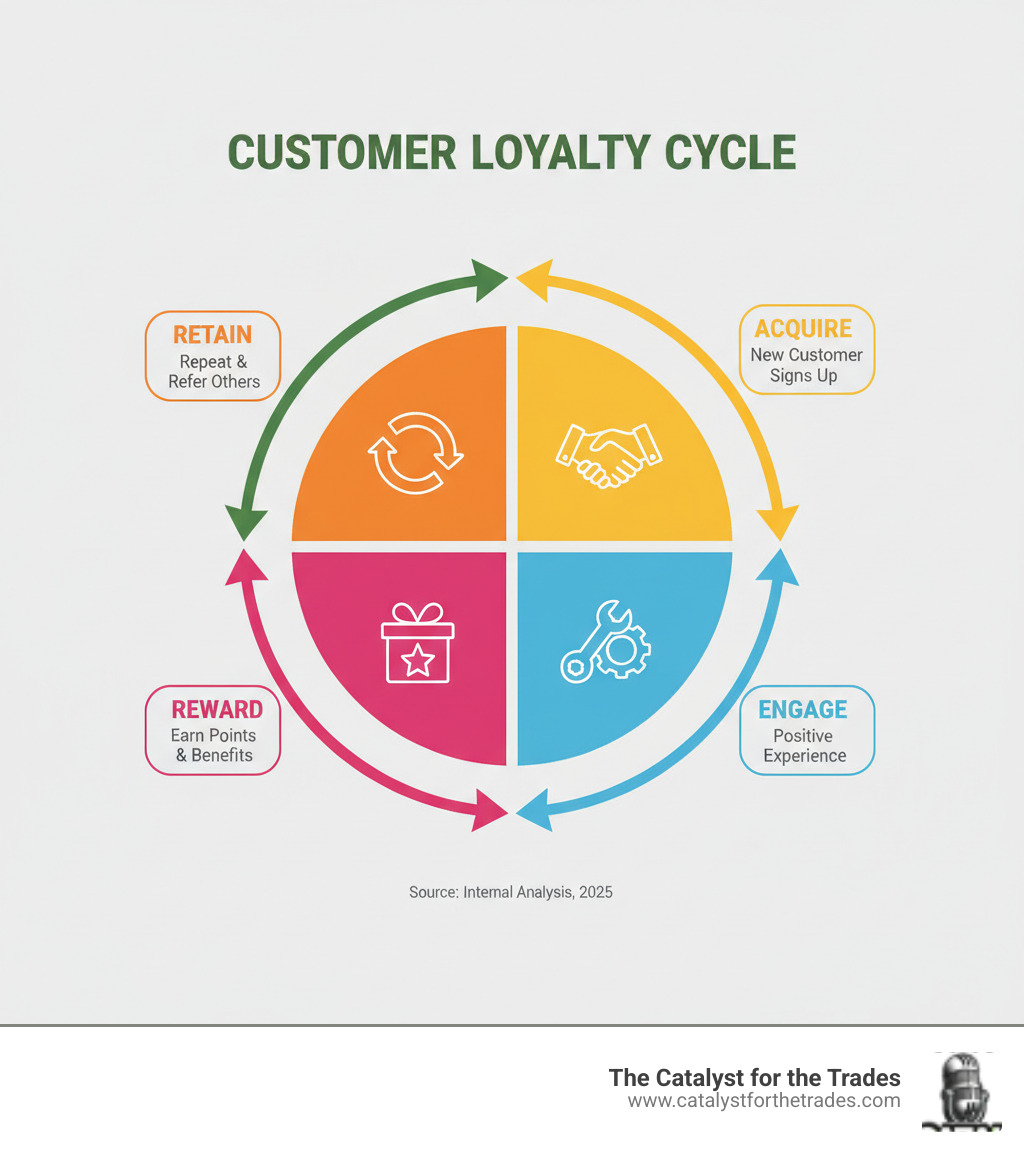 Infographic showing the customer loyalty cycle: a circular diagram with four stages - Acquire (new customer signs up), Engage (customer uses your service and has a positive experience), Reward (customer earns points, discounts, or benefits), and Retain (customer returns for repeat business and refers others). Arrows connect each stage in a continuous loop, with icons representing a handshake, wrench, gift, and repeat symbol. - customer loyalty programs infographic Infographic showing the customer loyalty cycle: a circular diagram with four stages - Acquire (new customer signs up), Engage (customer uses your service and has a positive experience), Reward (customer earns points, discounts, or benefits), and Retain (customer returns for repeat business and refers others). Arrows connect each stage in a continuous loop, with icons representing a handshake, wrench, gift, and repeat symbol. - customer loyalty programs infographic