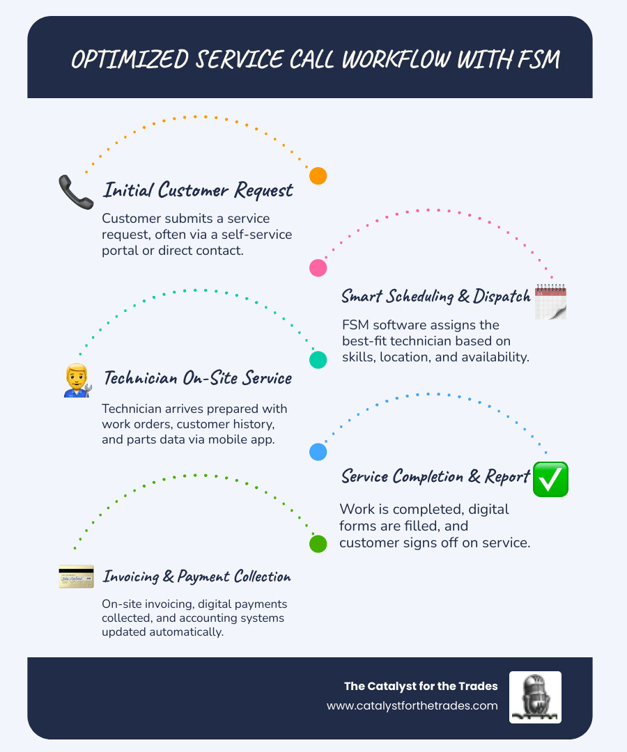 infographic showing the complete workflow of a service call using FSM software from initial customer request through scheduling and dispatch to technician arrival and service completion to invoicing and payment collection with automated customer notifications at each stage - field service management software infographic infographic-line-5-steps-blues-accent_colors infographic showing the complete workflow of a service call using FSM software from initial customer request through scheduling and dispatch to technician arrival and service completion to invoicing and payment collection with automated customer notifications at each stage - field service management software infographic infographic-line-5-steps-blues-accent_colors